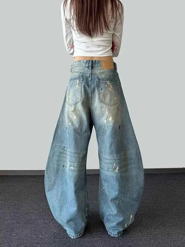 Women Vintage Blue Ink Paint Wide Jeans