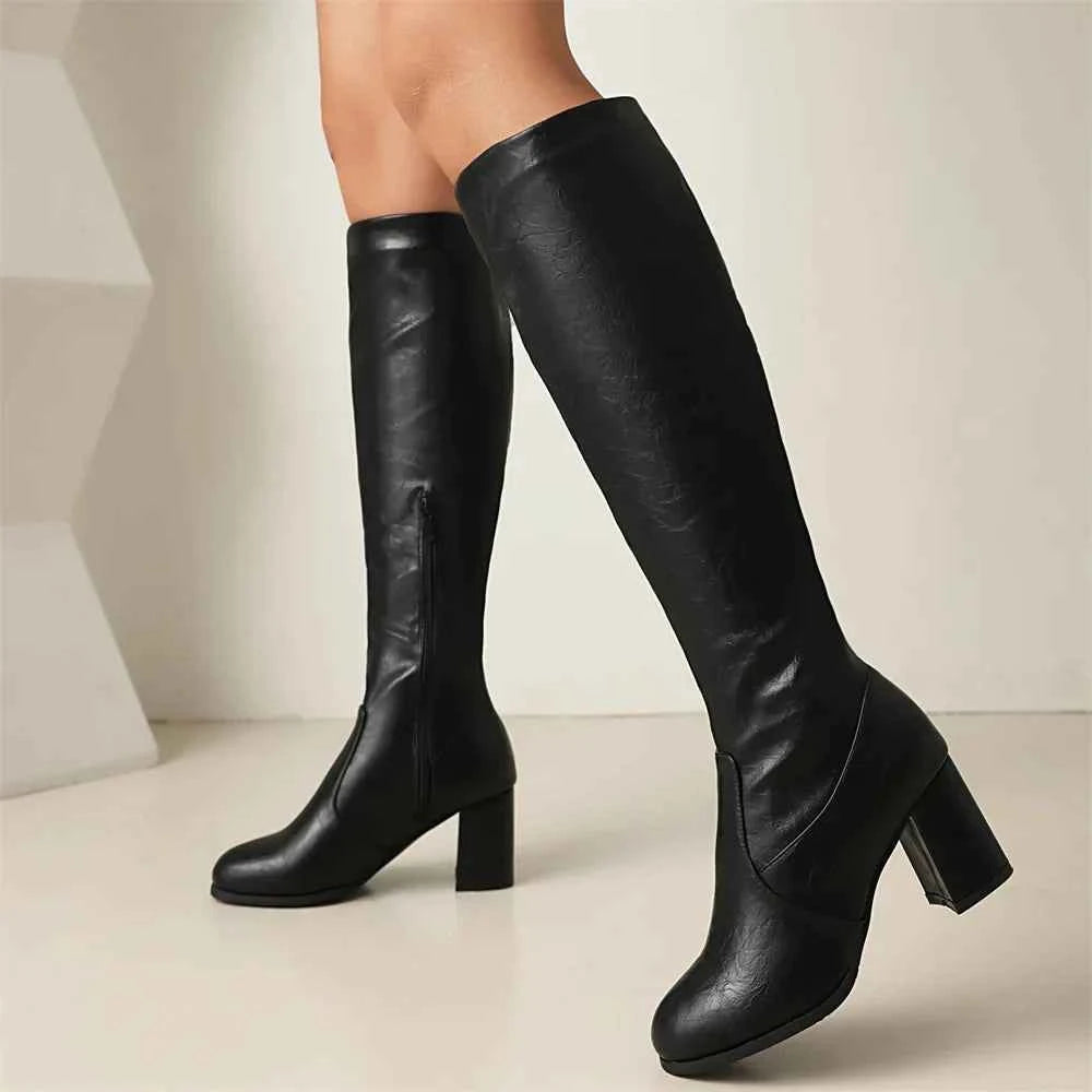 Women Vintage High Heels Knee Leather Boot