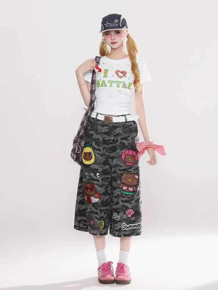 Reddachic Cartoon Patched Camo Jorts