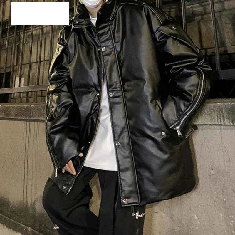 Thick Hip Hop Stand Collar Faux Leather Jacket
