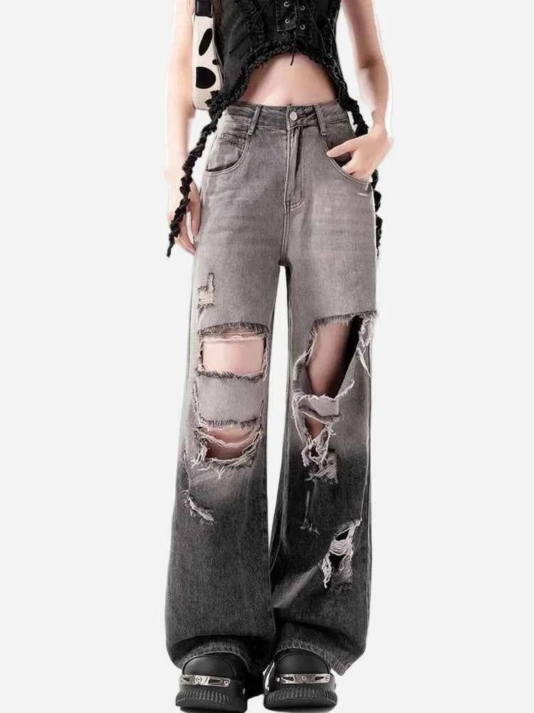 Fashionable Ripped High Waist Gradient Denim Jeans