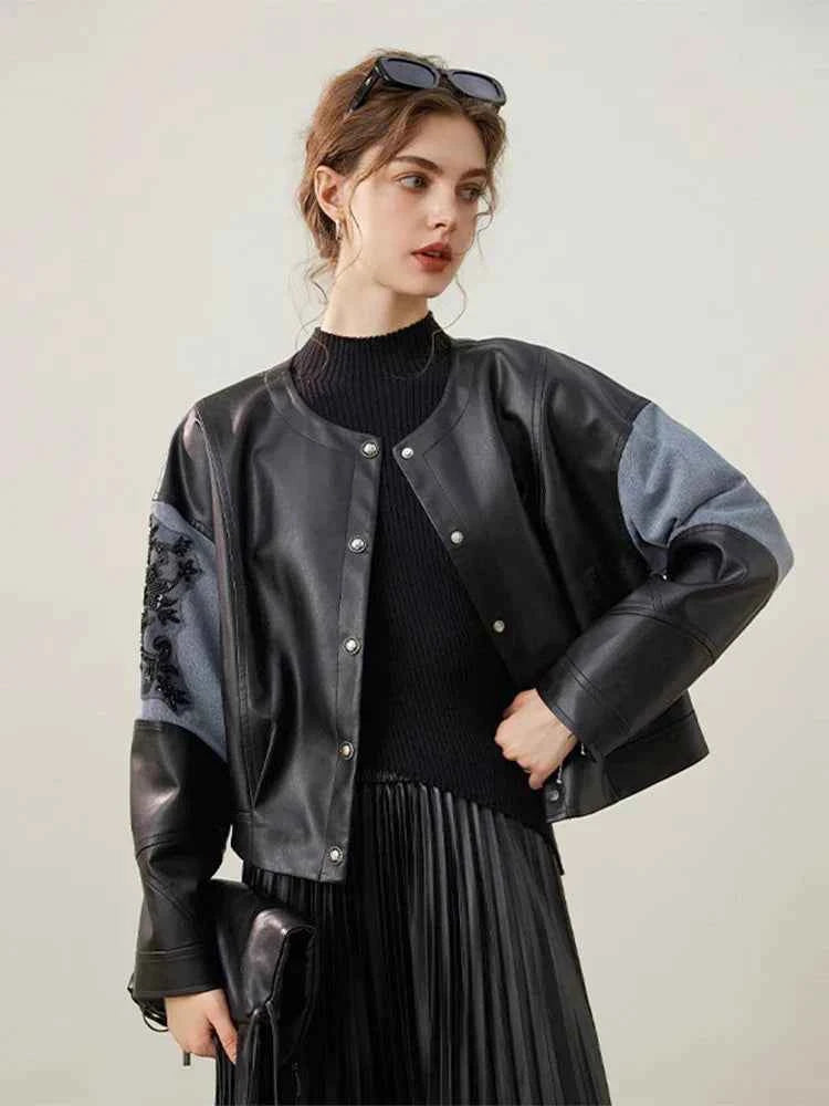 Classic Loose Black Patchwork PU Leather Jacket