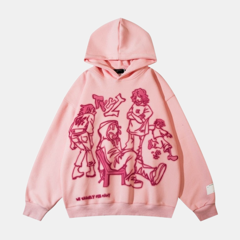 Oversized Cartoon Line Character Graphic Hoodie - Minimalist Art Streetwear | LuxuryUrbanwear