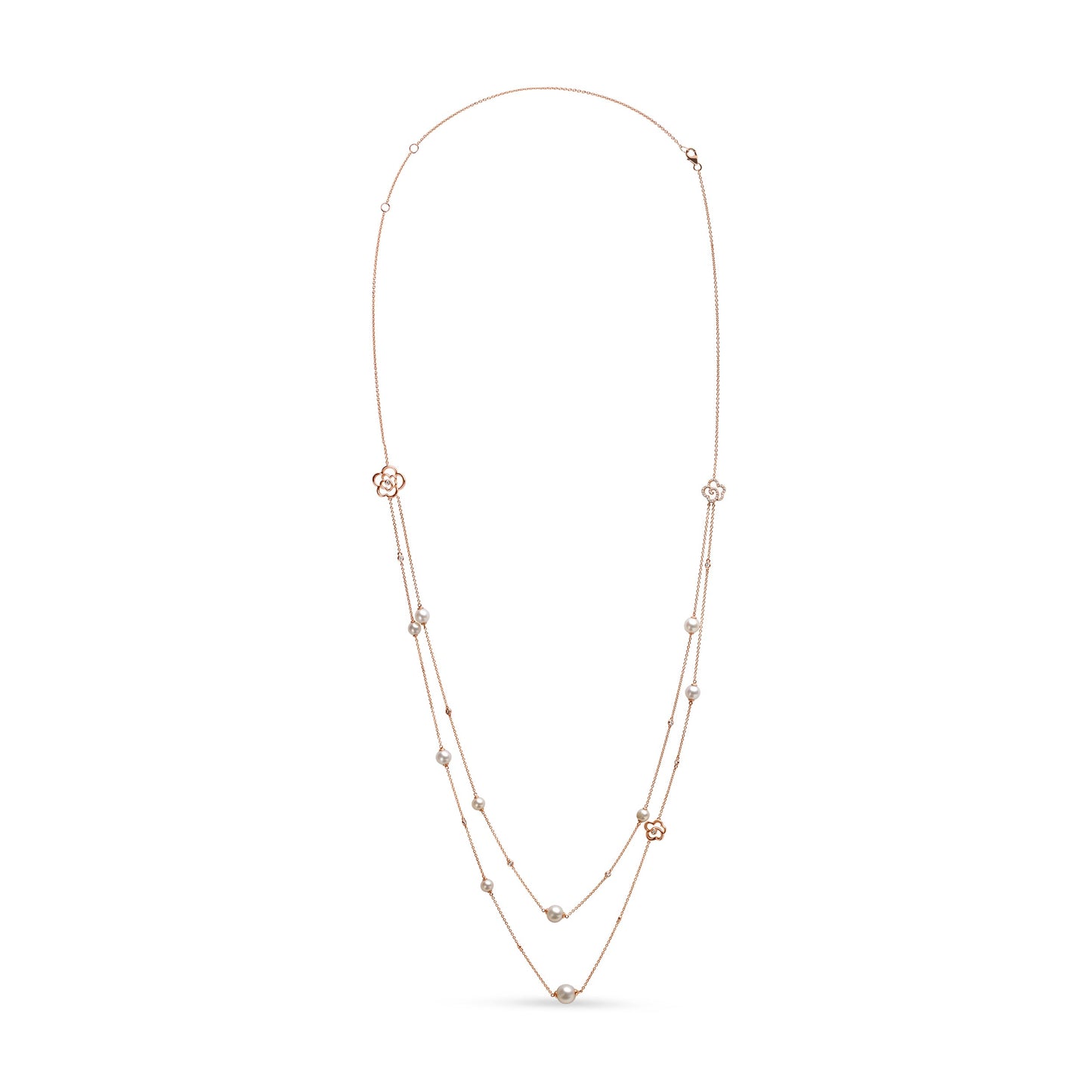 18K Rose Gold 1/2 Cttw Diamond and Freshwater Pearl Double Strand Station Necklace (G-H Color, SI1-SI2 Clarity) - Adjustable up to 16" to 20"