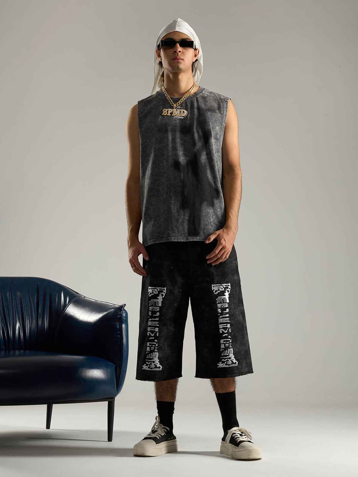 Cross-Print Distressed Washed Vest