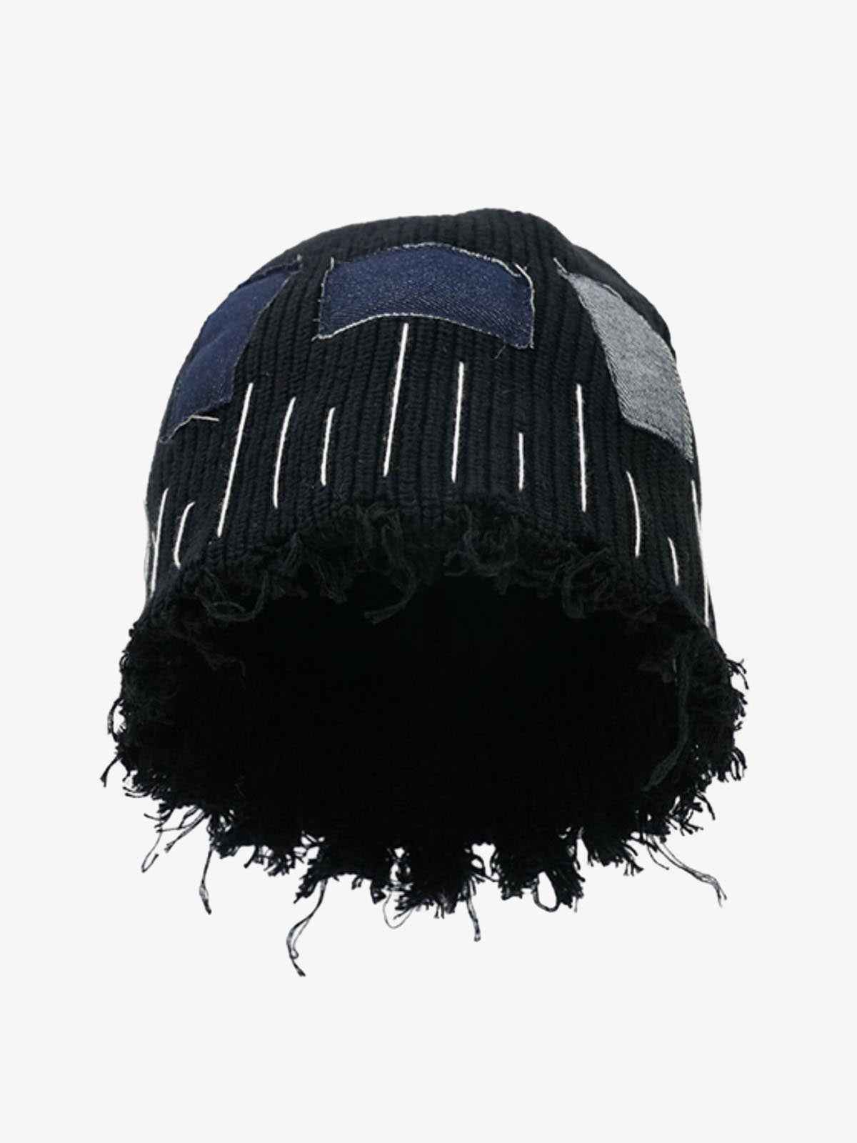 Distressed Denim Patchwork Beanie