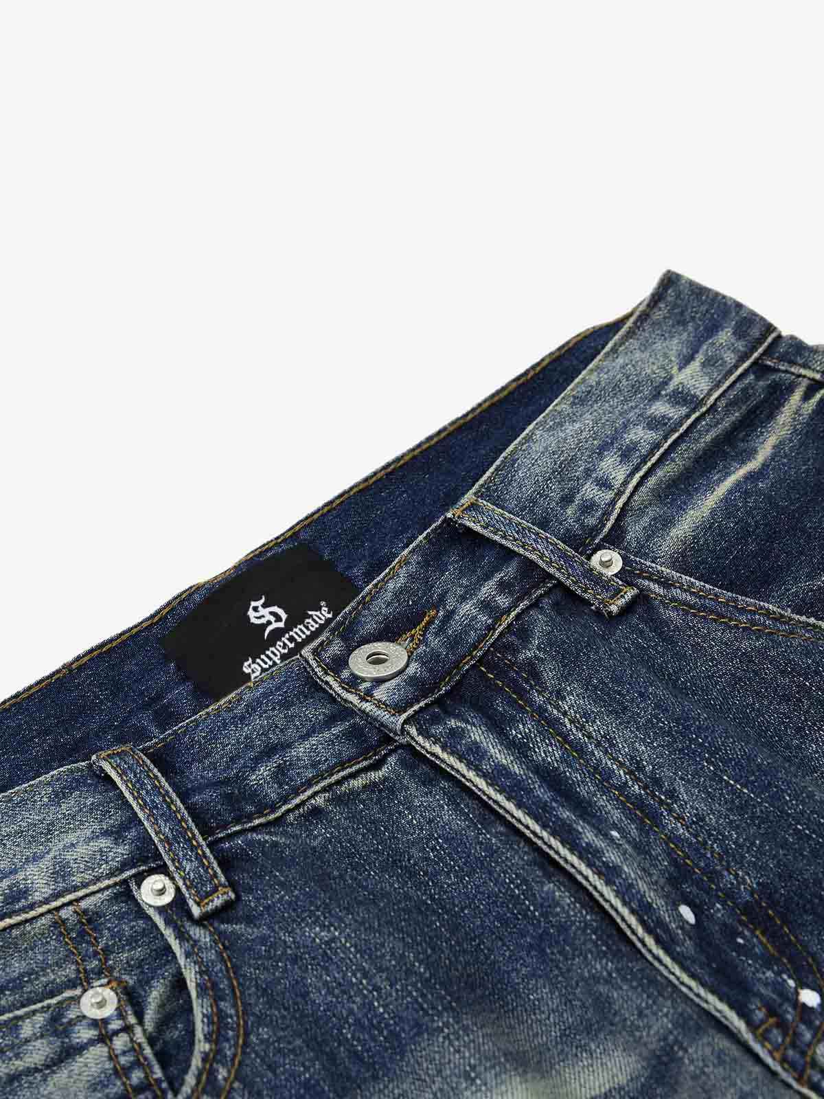 Washed Paint-Splatter Pleated Barrel Jeans