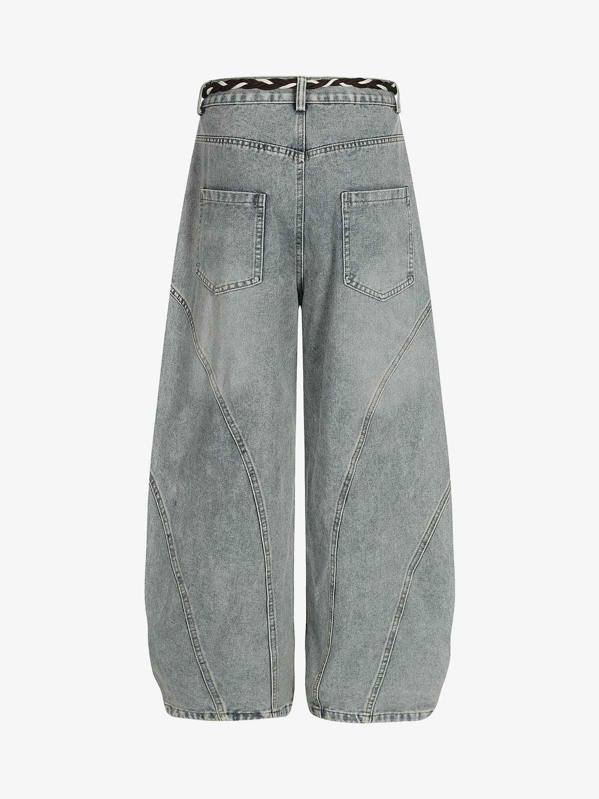 Denim Retro Belt Detail With Patchwork Barrel Jeans - 2490