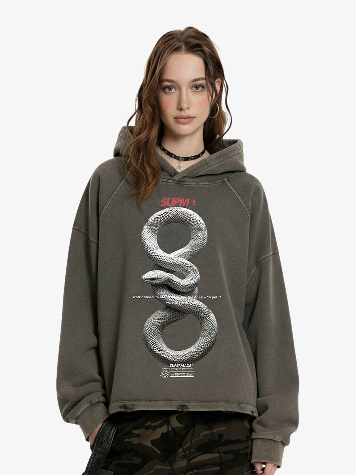 Vintage Washed Snake Appliqué Pullover Hoodie