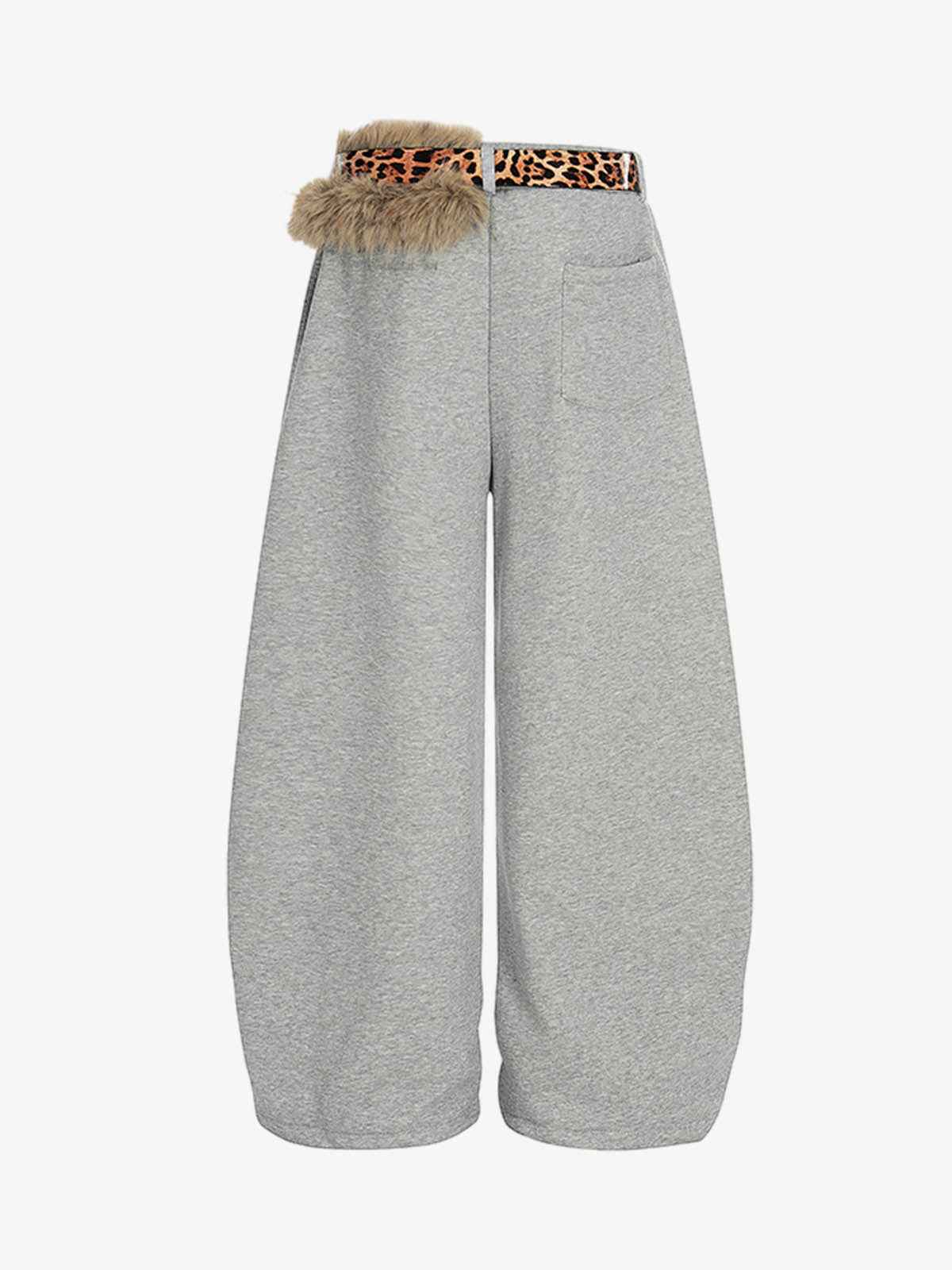 Leopard Belt Fur-Pom Detail Fleece Wide-Leg Pants
