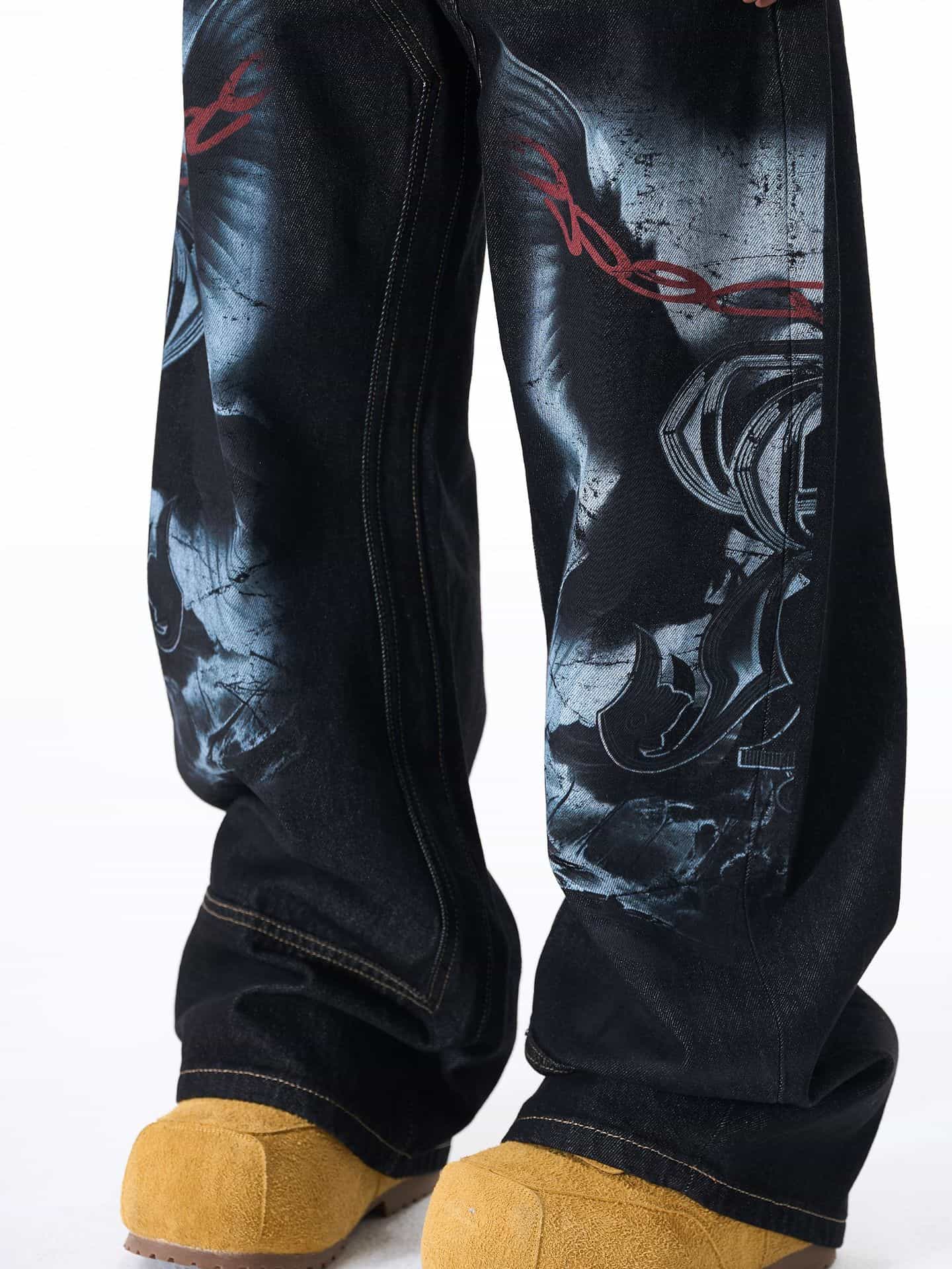 Dark Gothic Graphic Wide-Leg Jeans - Luxuryurbanwear