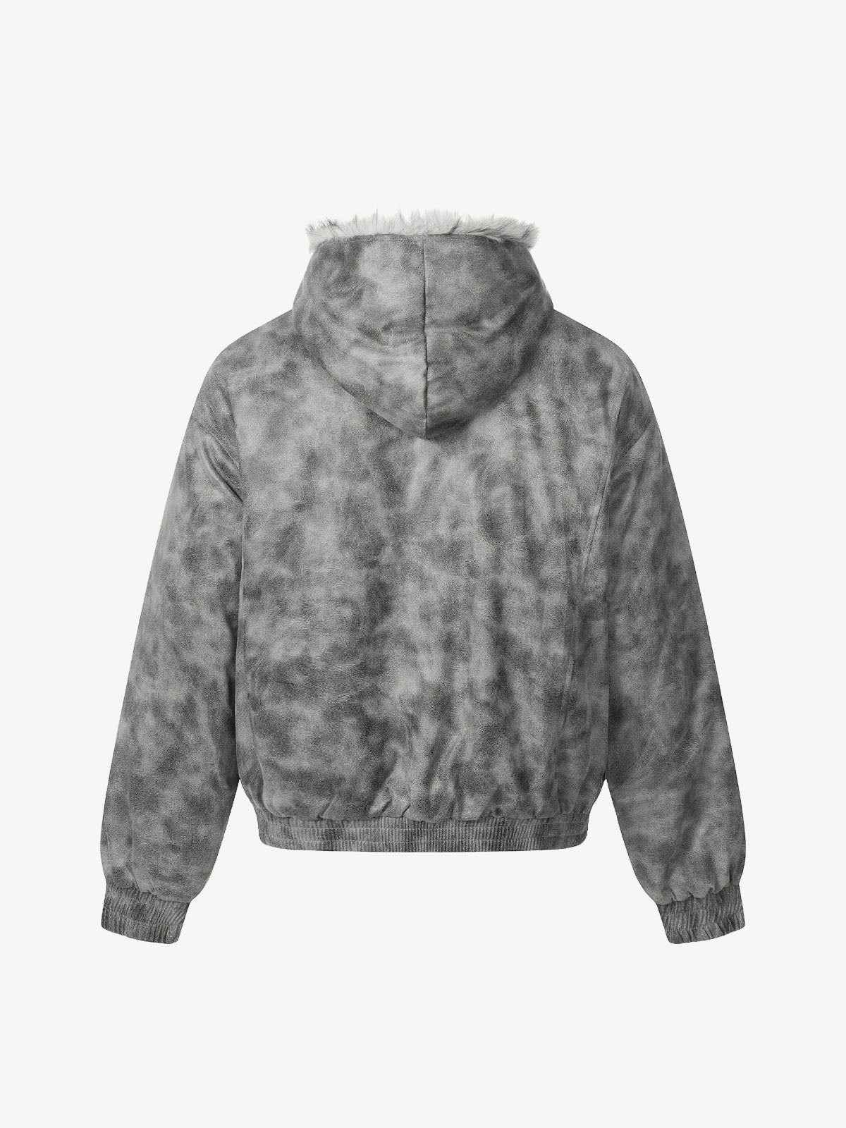 Faux Suede Vintage Wash Fur Hood Padded Jacket - 2553