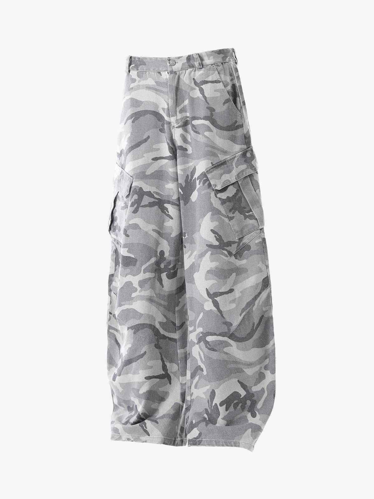 Snow Camouflage Machete Wide-Leg Cargo Barrel Pants - 2548
