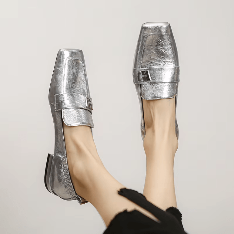 Aura Loafer | Crinkled Metallic Square-Toe - Luxuryurbanwear