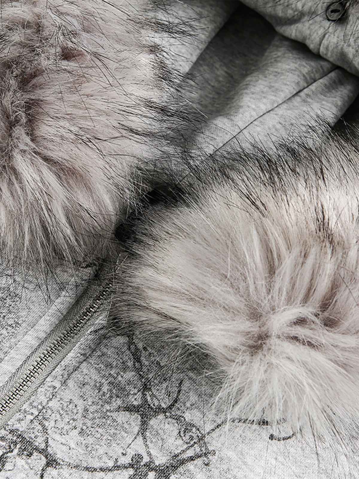 Detachable Fur Collar Printed Cardigan Half-Zip Hoodie