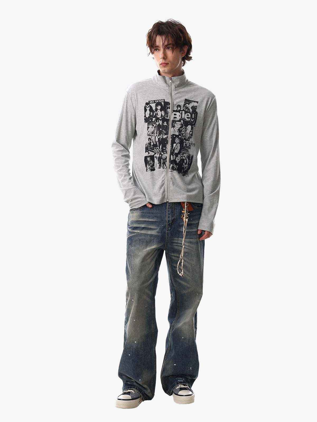 Retro Punk Print Knit Cardigan Long Sleeve Top