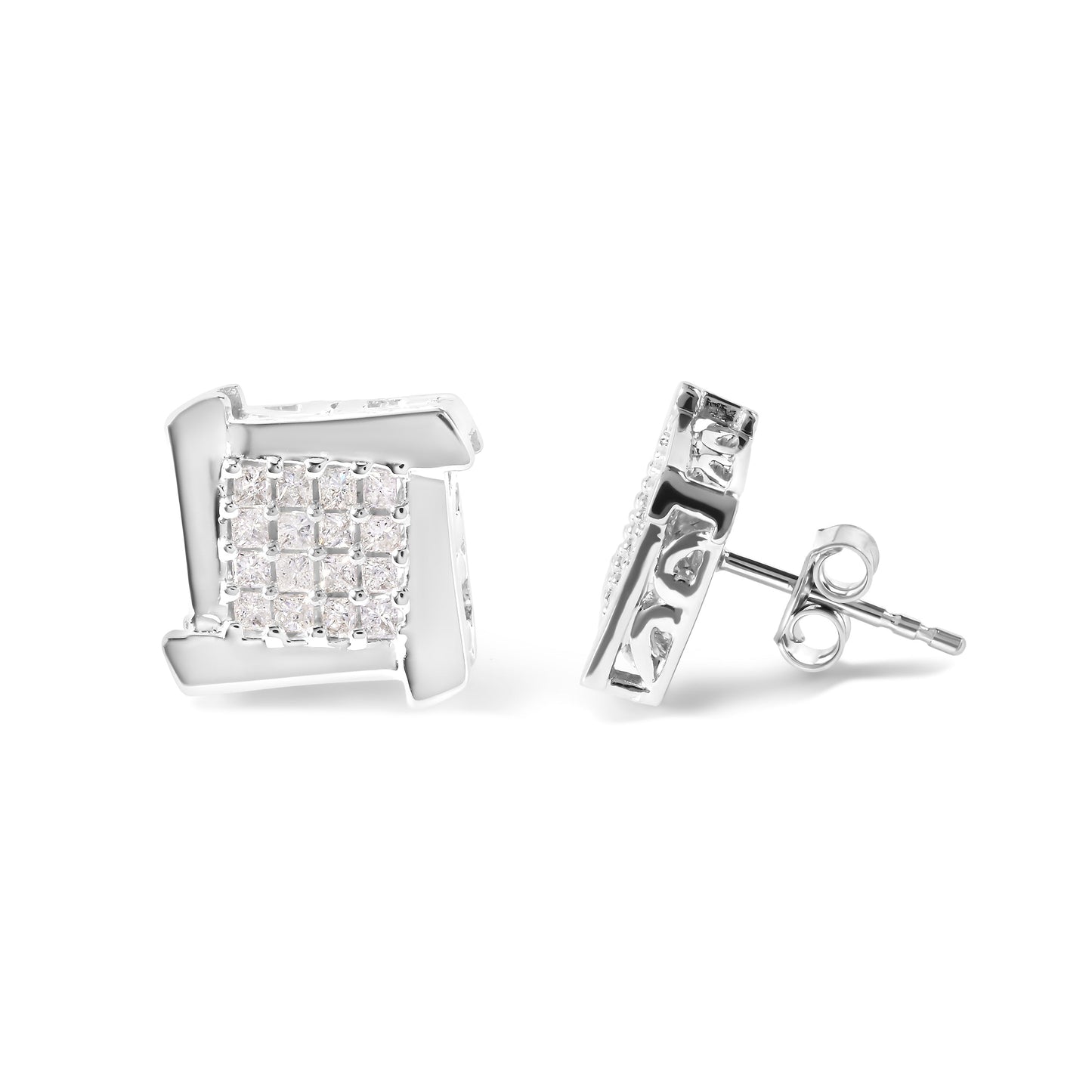 10K White Gold 1/2 Cttw Composite Princess Diamond Square and Swirl Stud Earrings (I-J Color, I1-I2 Clarity)