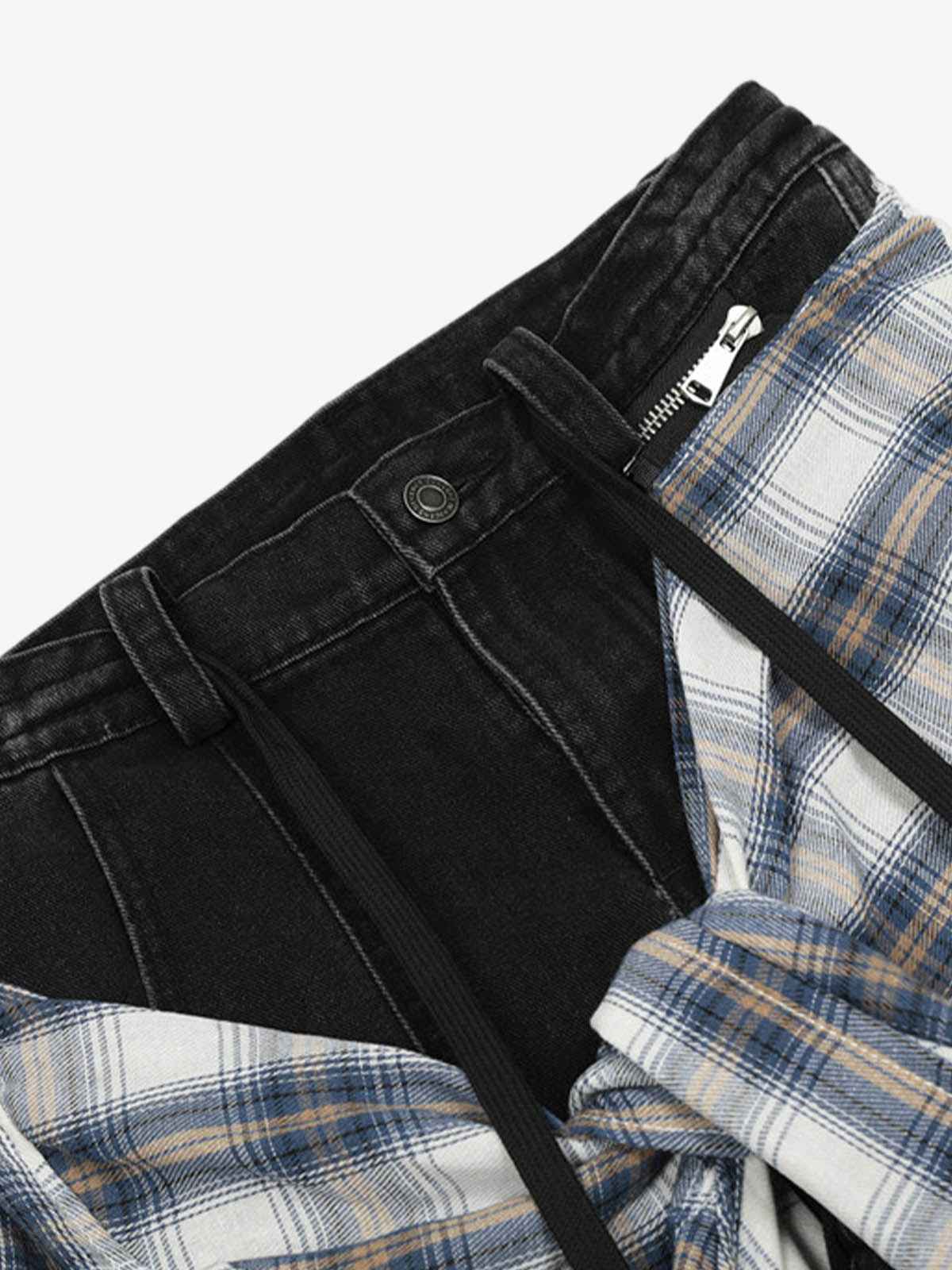 Denim Faux Two-piece Plaid Detachable Scimitar Jeans - 2435