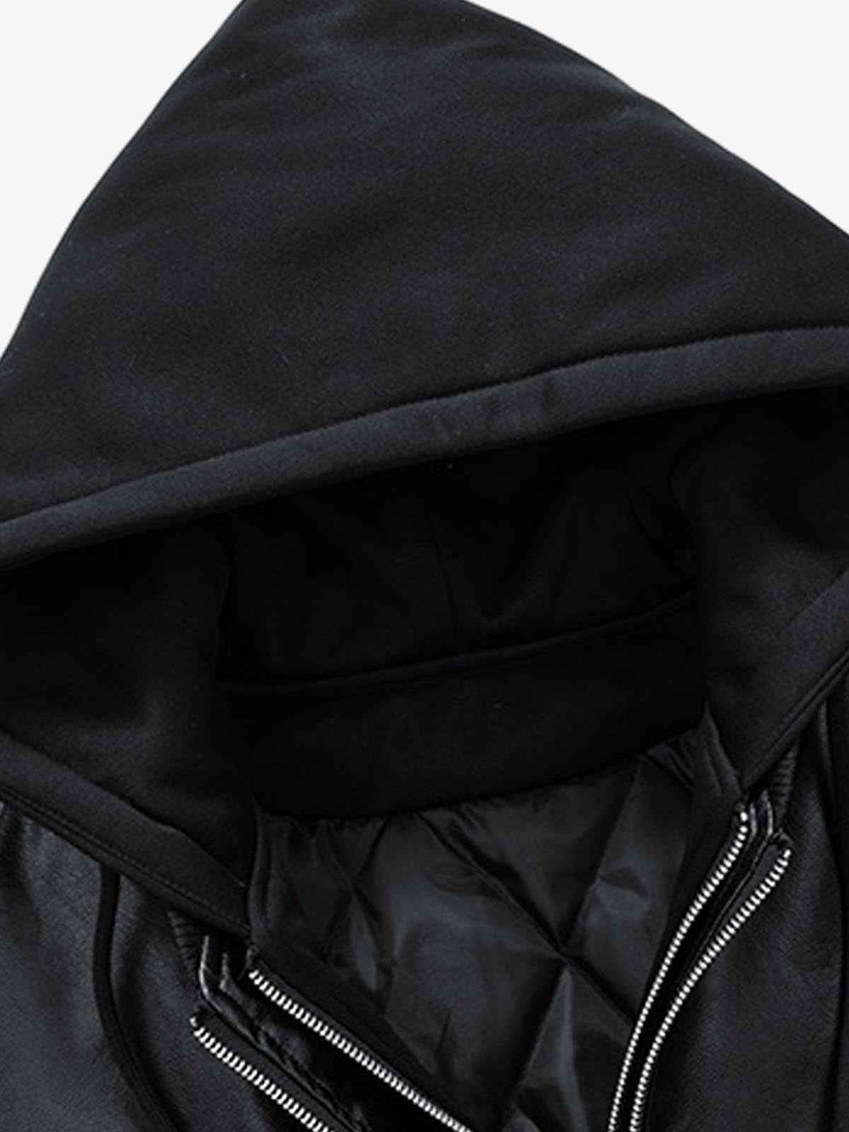 Retro Leather Faux Two-Piece Hooded Padded Bomber Jacket