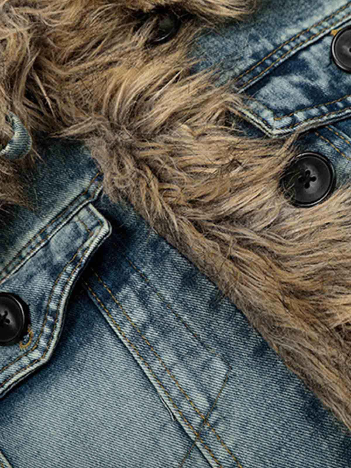 Vintage Faux Fur Trim Washed Padded Denim Jacket