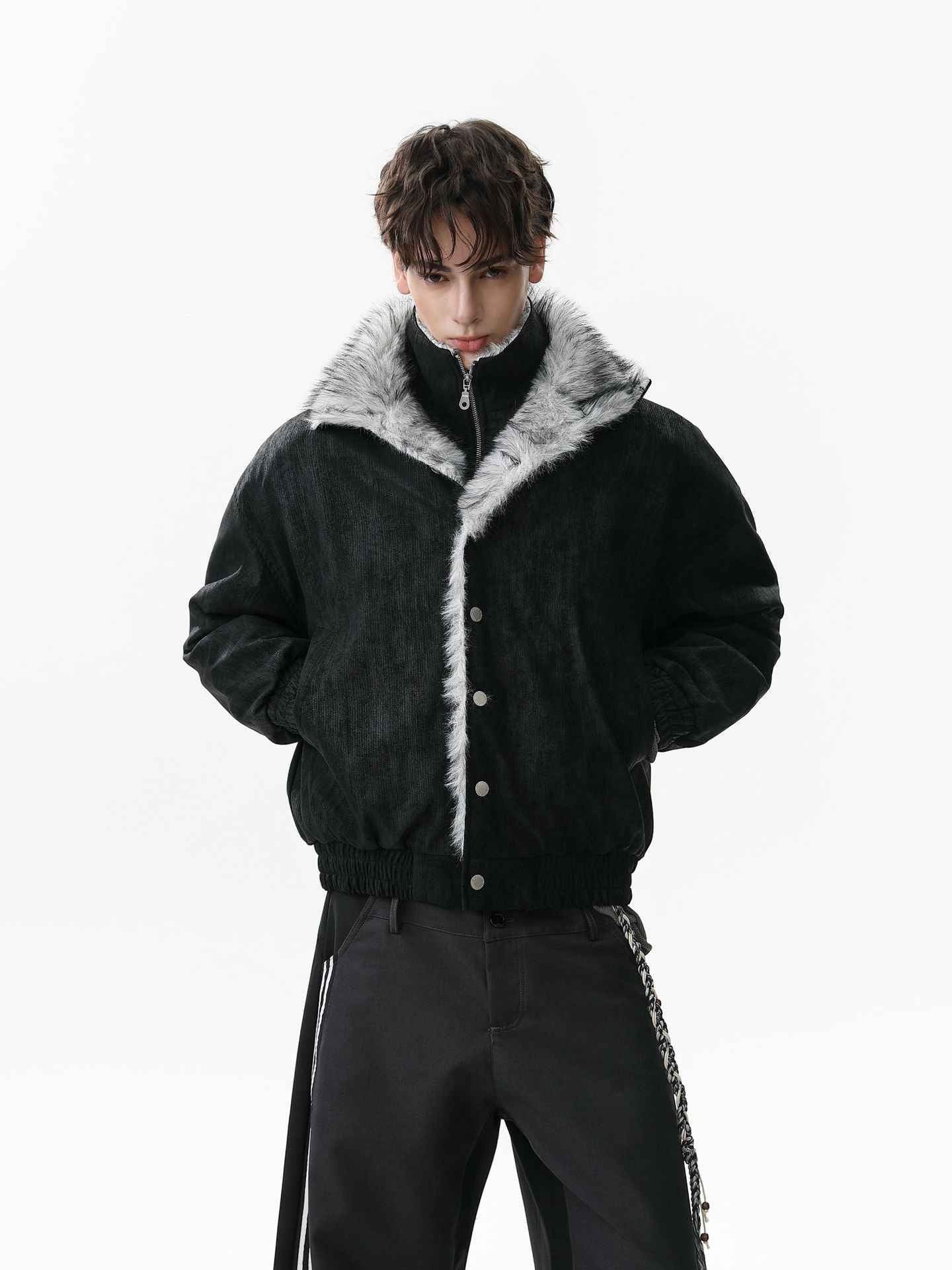 Vintage Dual-layer Collar Fleece-lined Zipper Jacket