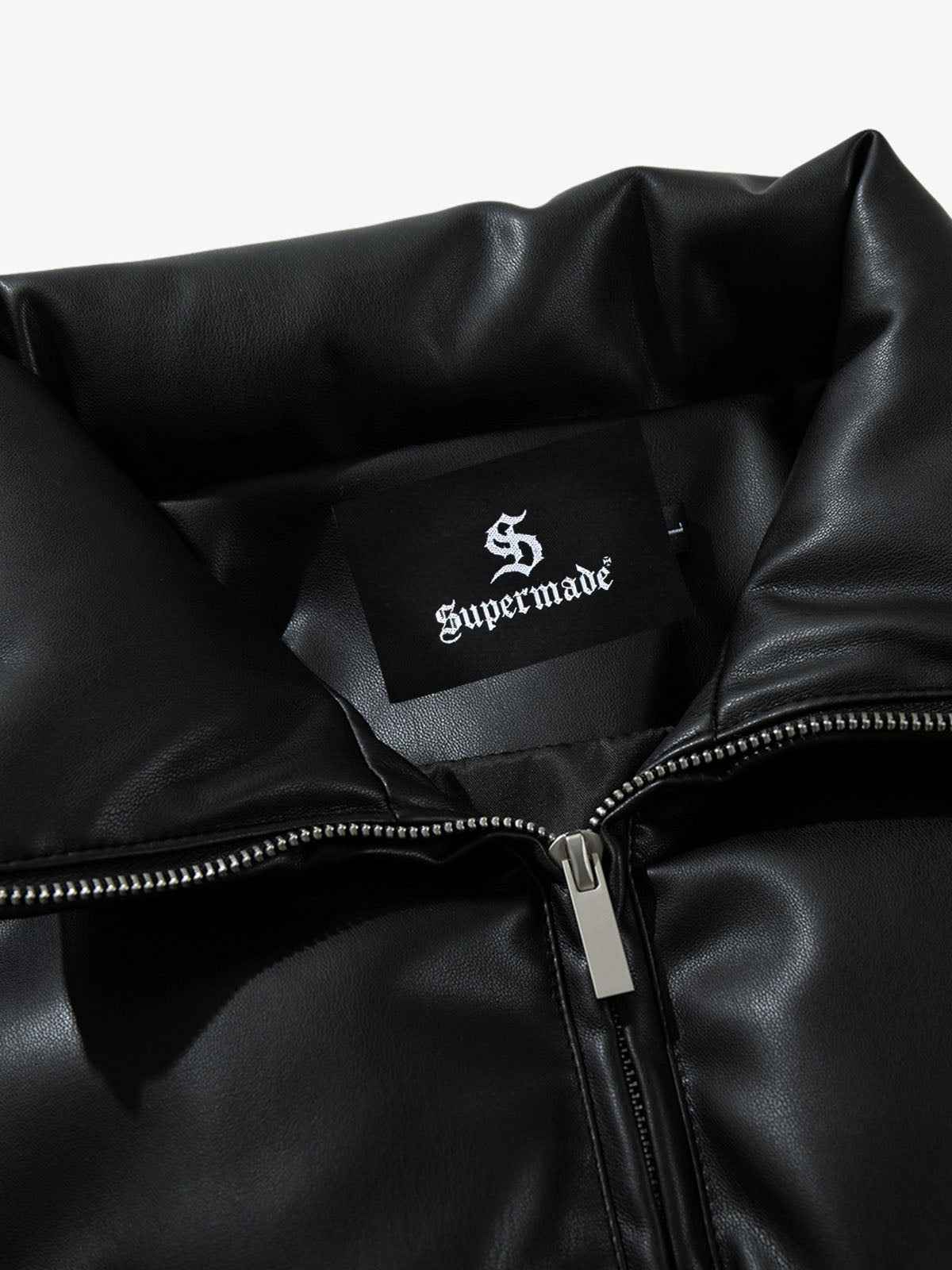 Minimalist Faux Leather Stand Collar Puffer Vest