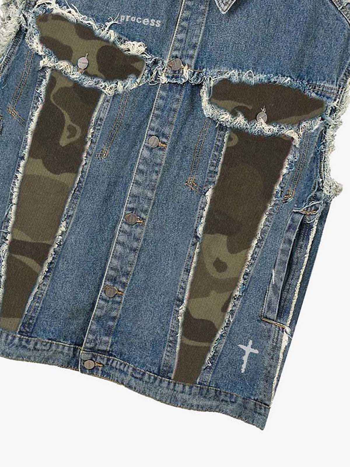Distressed Camo Patchwork Sleeveless Denim Vest