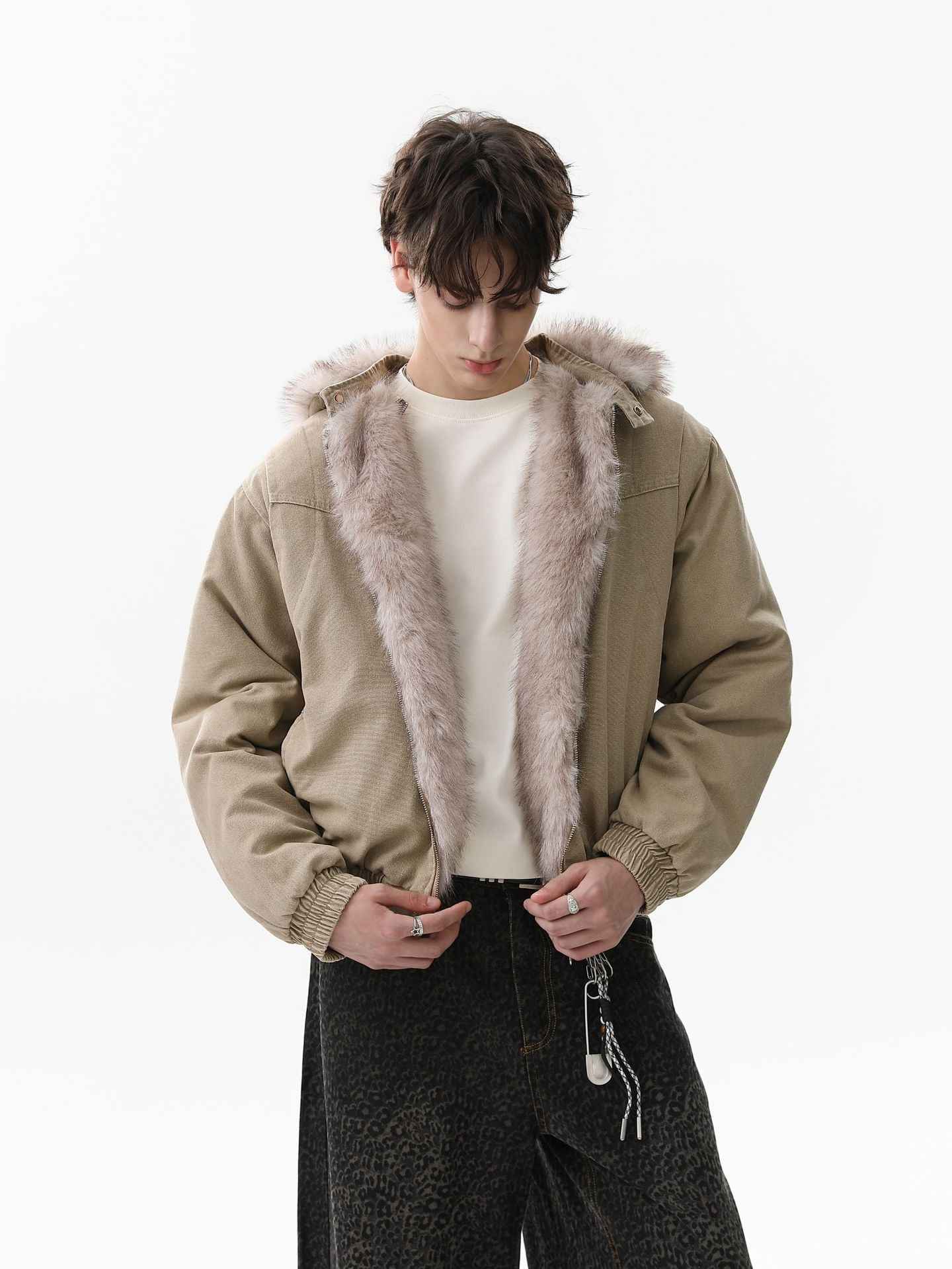 Street Outdoor Detachable Fur Collar Fleece Hooded Padded Jacket