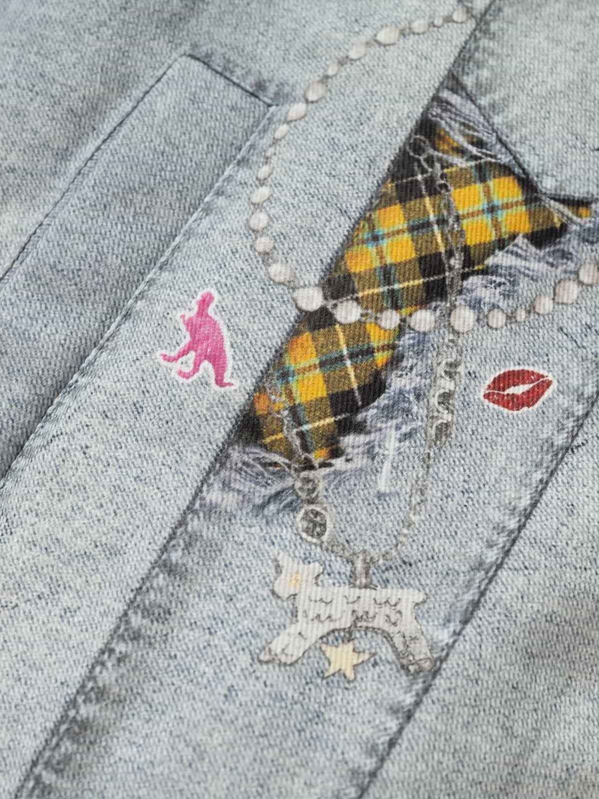 Street Illusion Denim Print Stand Collar Padded Cotton Jacket