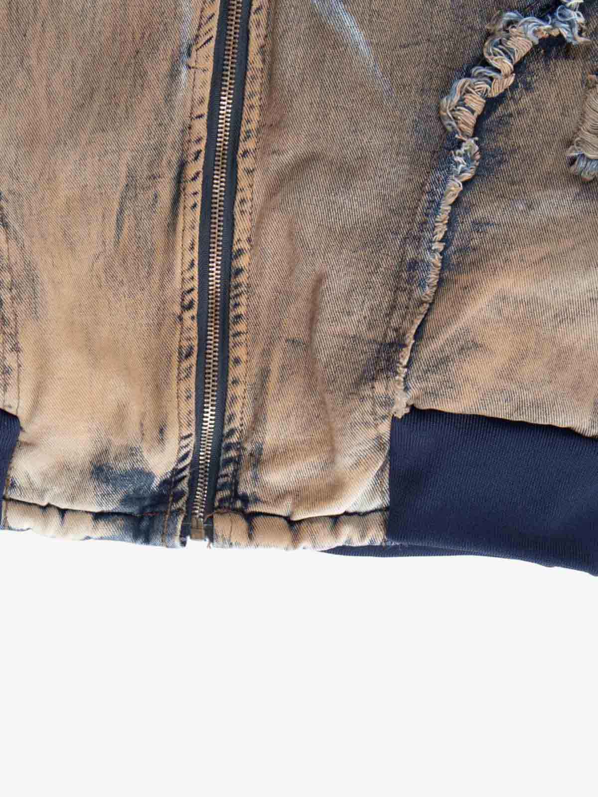 Distressed Mud-Dyed Frayed Edge Denim Bomber Jacket