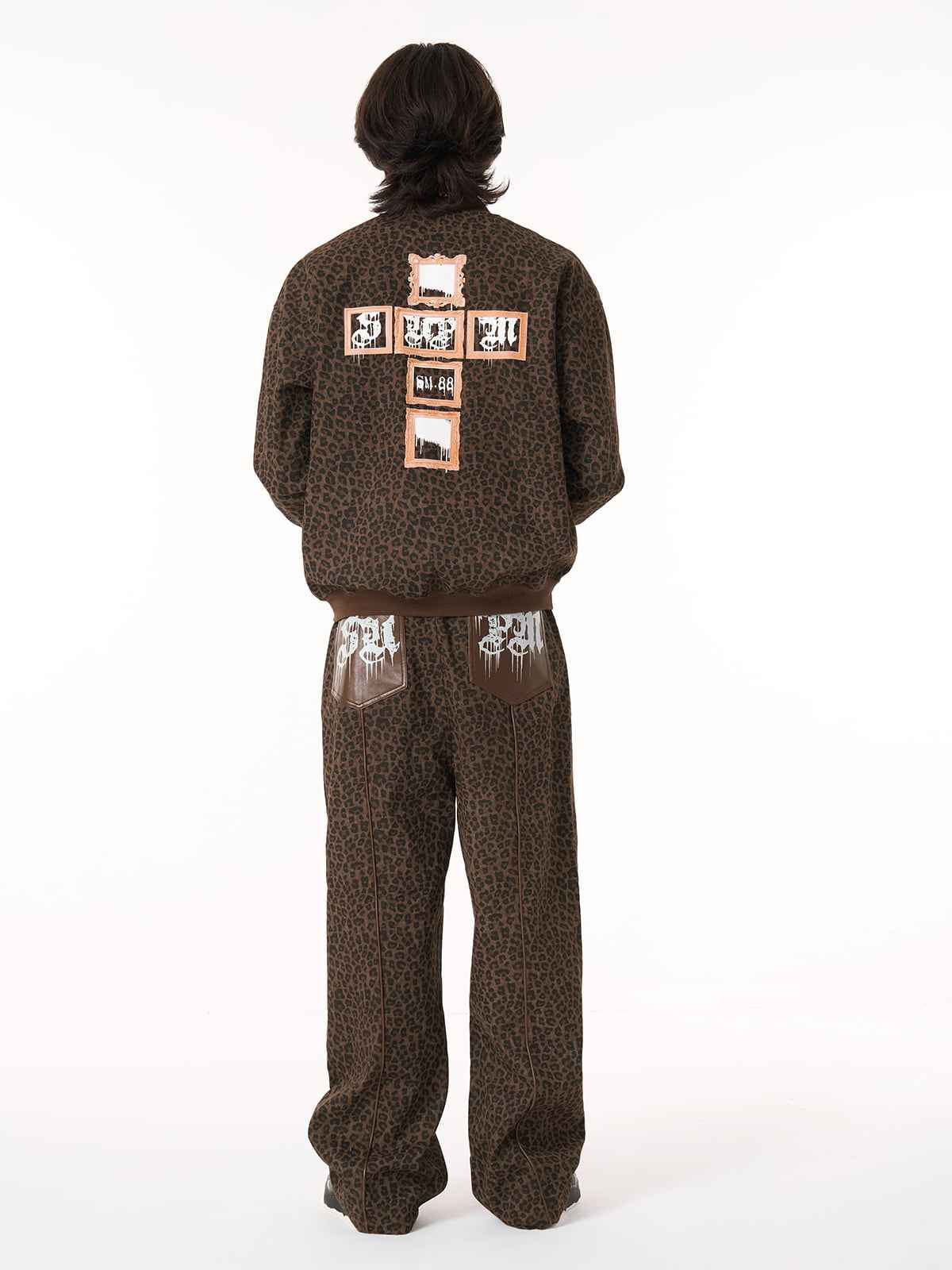 SUPM Graffiti Print Leather Leopard Print Baggy Pants