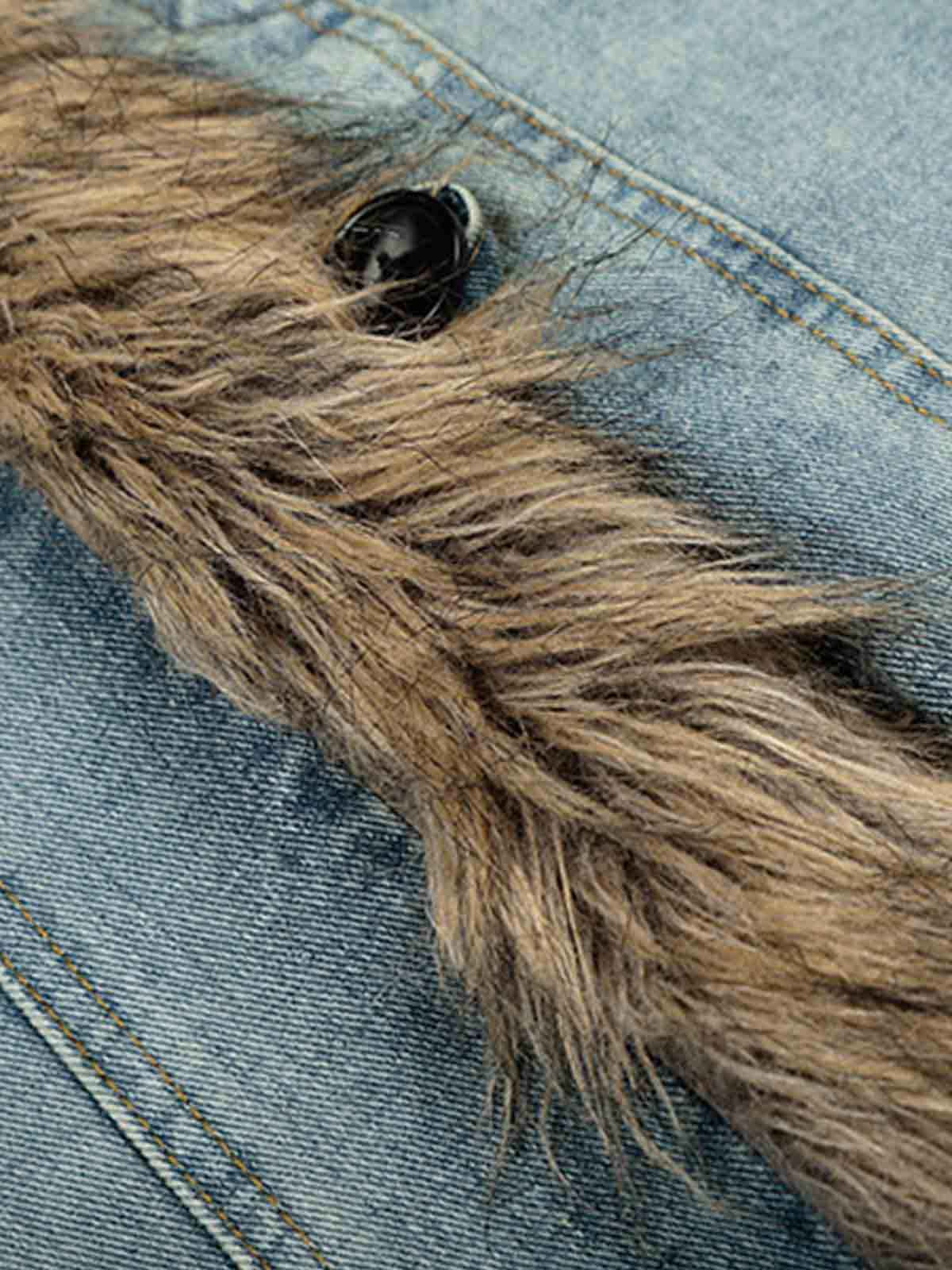 Vintage Faux Fur Trim Washed Padded Denim Jacket