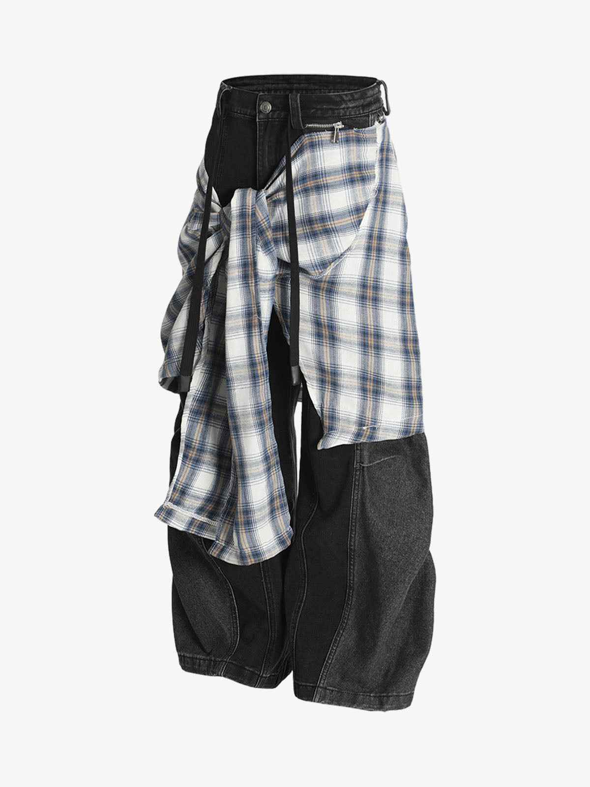Denim Faux Two-piece Plaid Detachable Scimitar Jeans - 2435