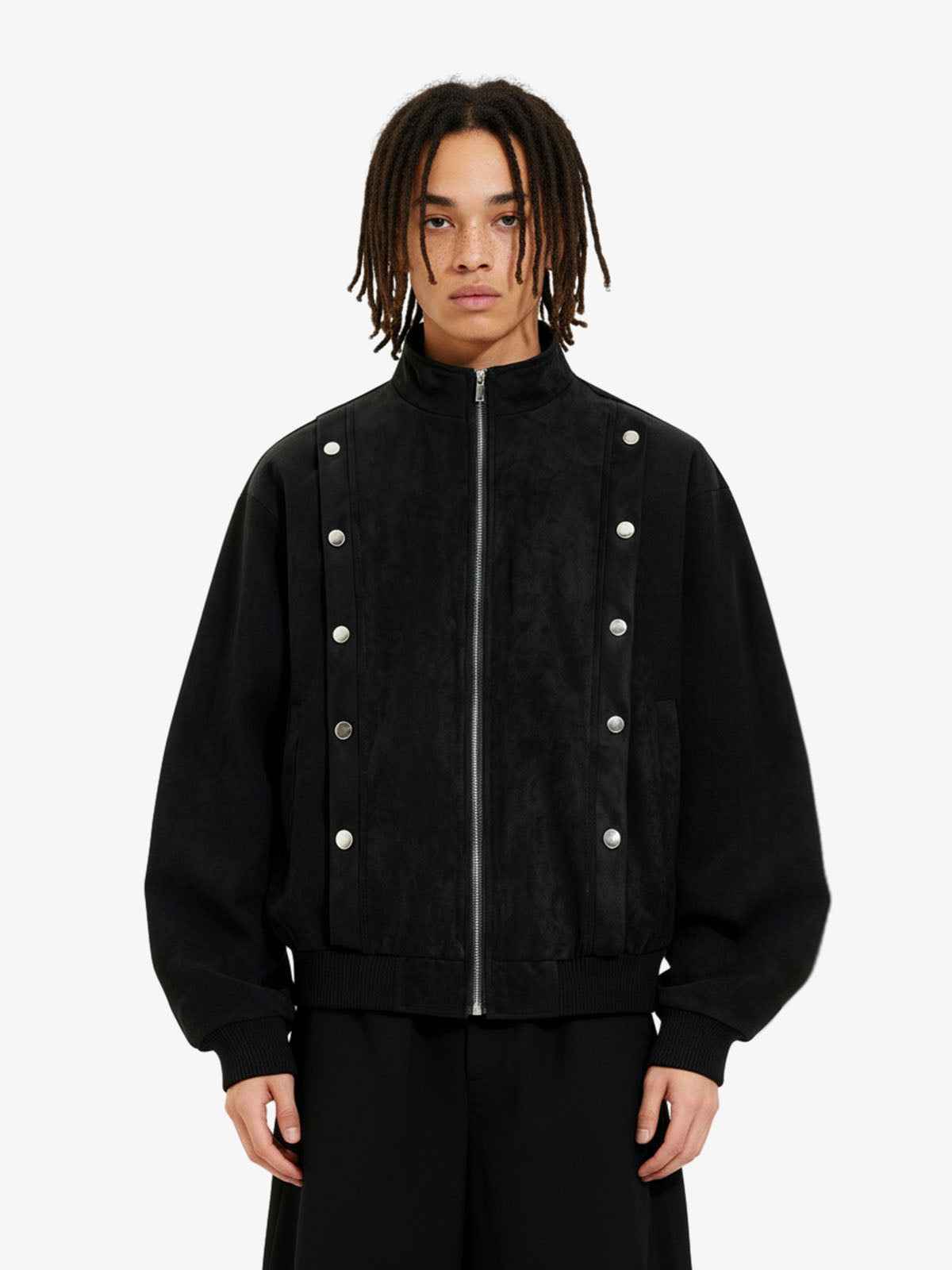 Vintage Stand Collar Metal Button-Structured Bomber Jacket