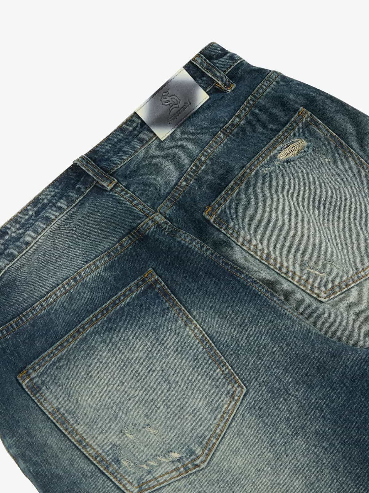 Retro Rhinestone Letter Embroidery Distressed Baggy Jeans - Luxuryurbanwear