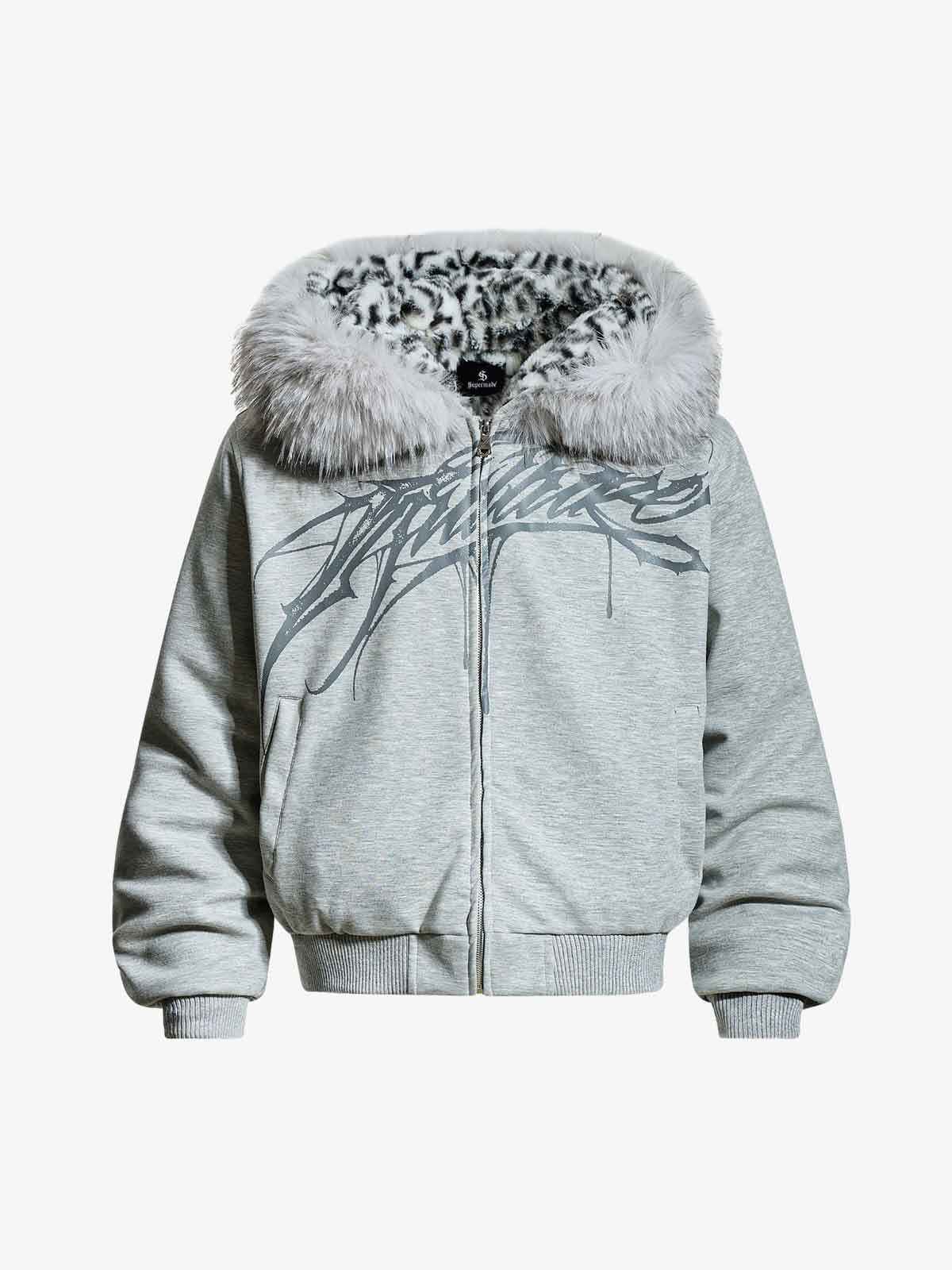 Vintage Faux Fur Hoodedd Leopard Lined Graphic Bomber Jacket