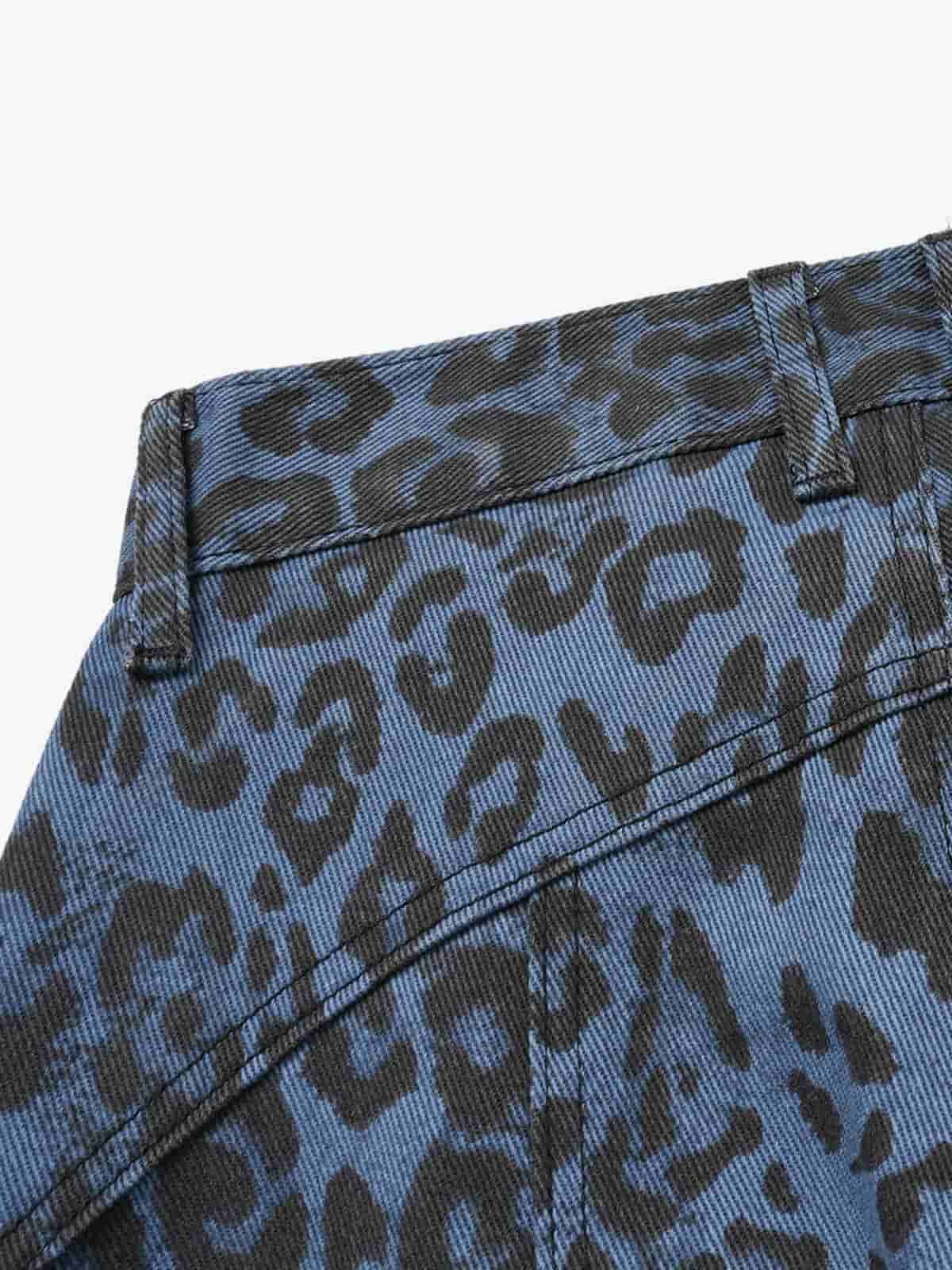 Retro Leopard Print Blue Washed Distressed Jeans - Luxuryurbanwear