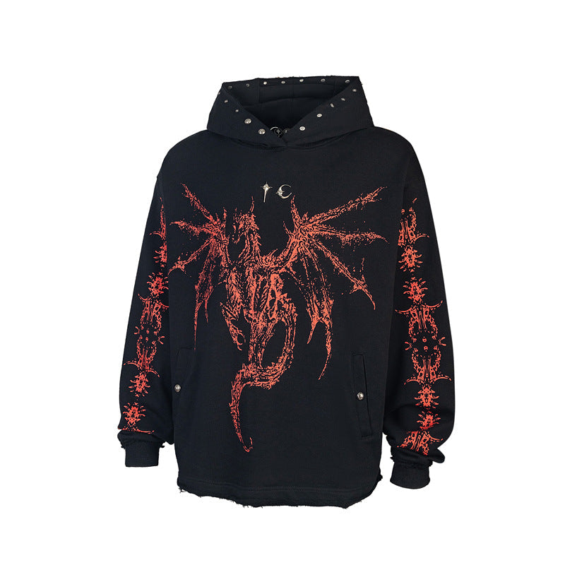 Dragon Bone Print Pullover | Retro Rivet Streetwear Hoodie - Luxuryurbanwear