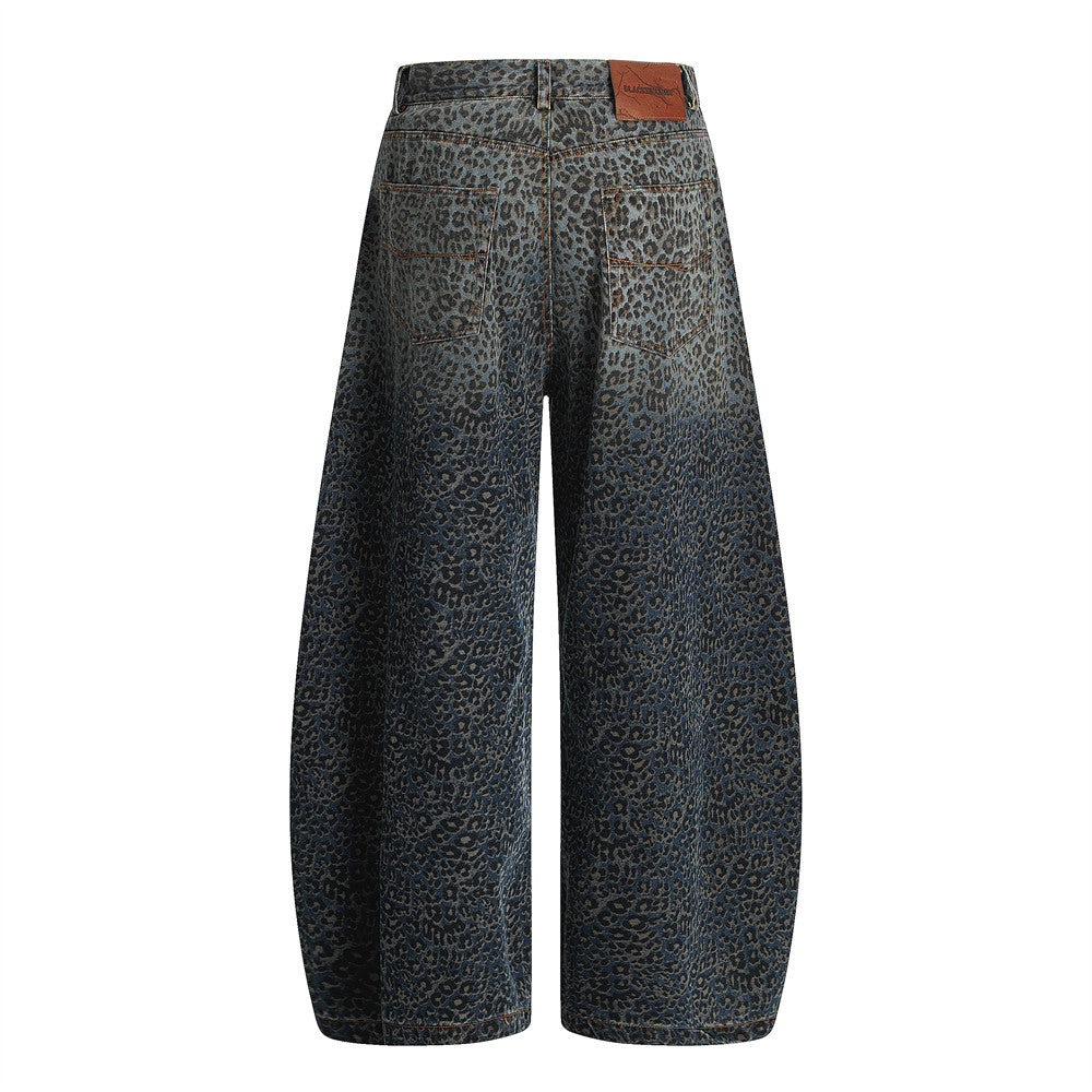 Leopard Print Barrel Jeans | Wide Leg High Rise Streetwear Denim - Luxuryurbanwear