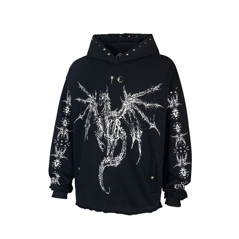 Dragon Bone Print Pullover | Retro Rivet Streetwear Hoodie - Luxuryurbanwear