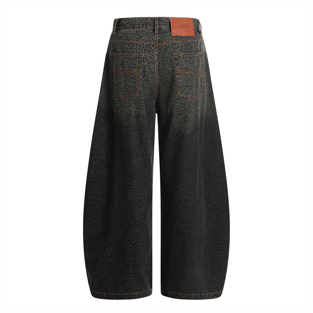 Leopard Print Barrel Jeans | Wide Leg High Rise Streetwear Denim - Luxuryurbanwear