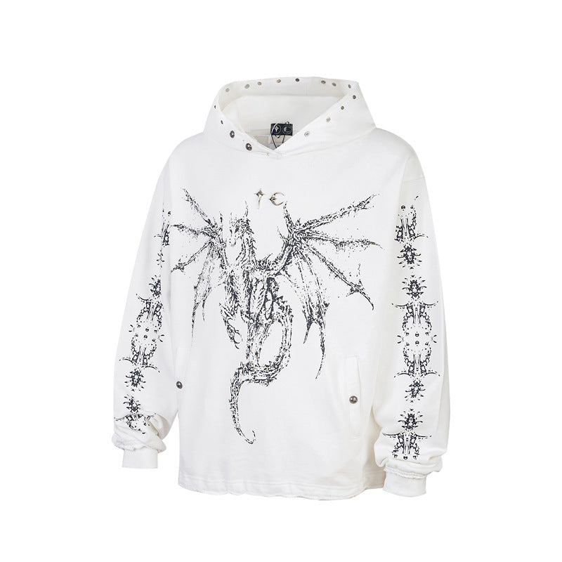 Dragon Bone Print Pullover | Retro Rivet Streetwear Hoodie - Luxuryurbanwear