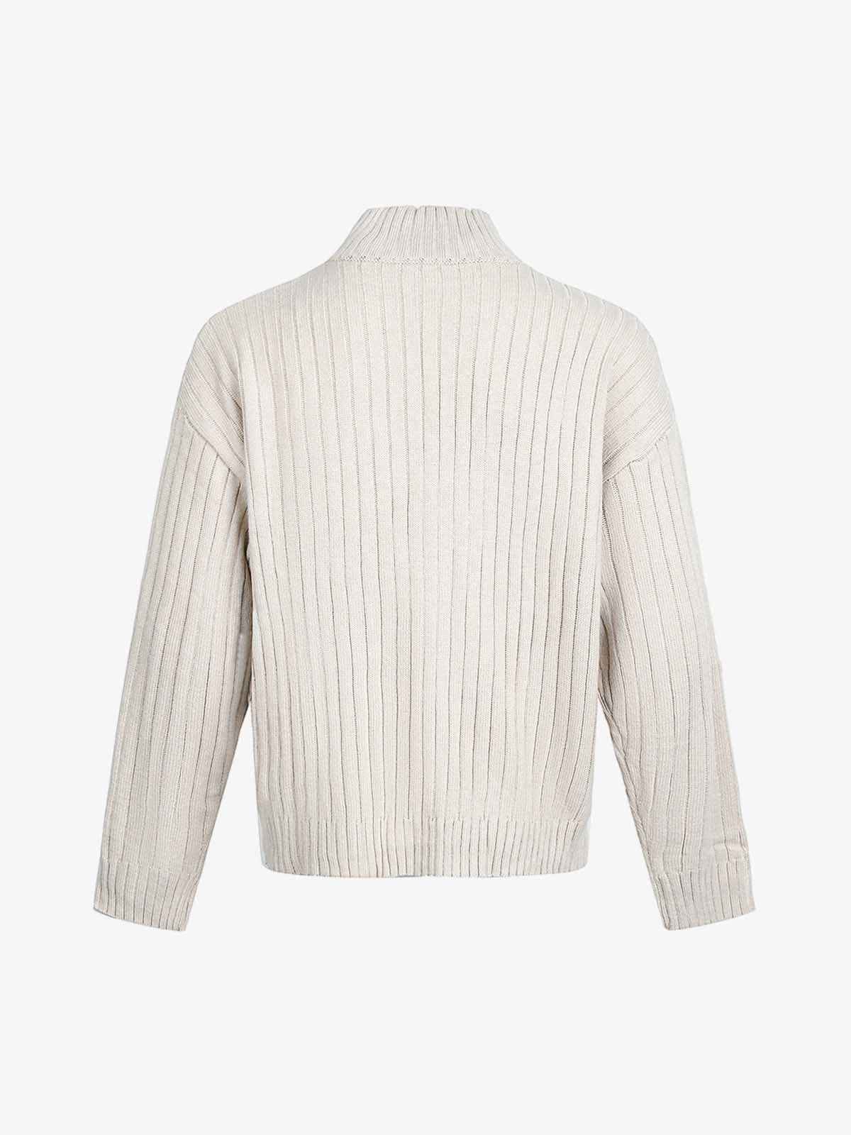 Retro Abstract Print Ribbed Stand Collar Zip-Up Sweater
