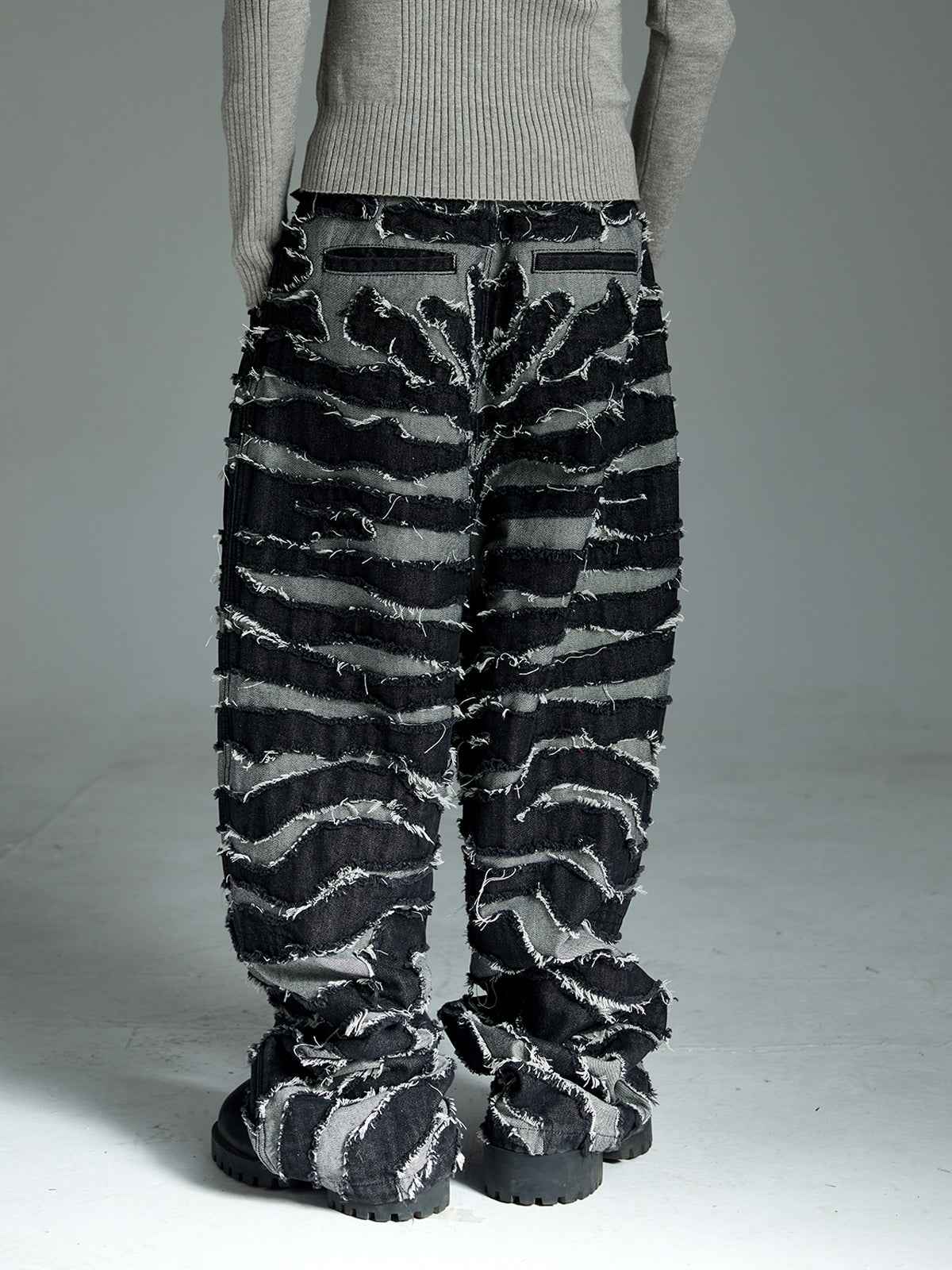 Frayed Zebra Striped Patchwork Wide Leg Jeans