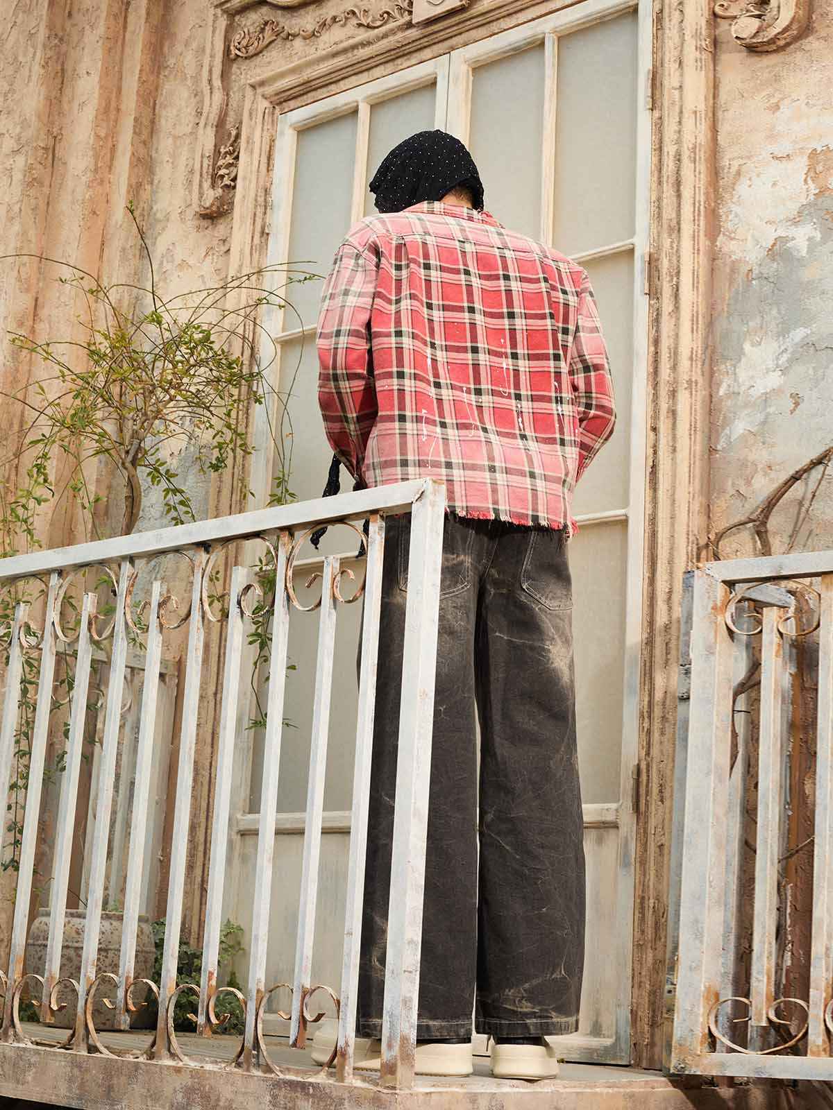 Paint Splatter Plaid Frayed Hem Button Up Shirt