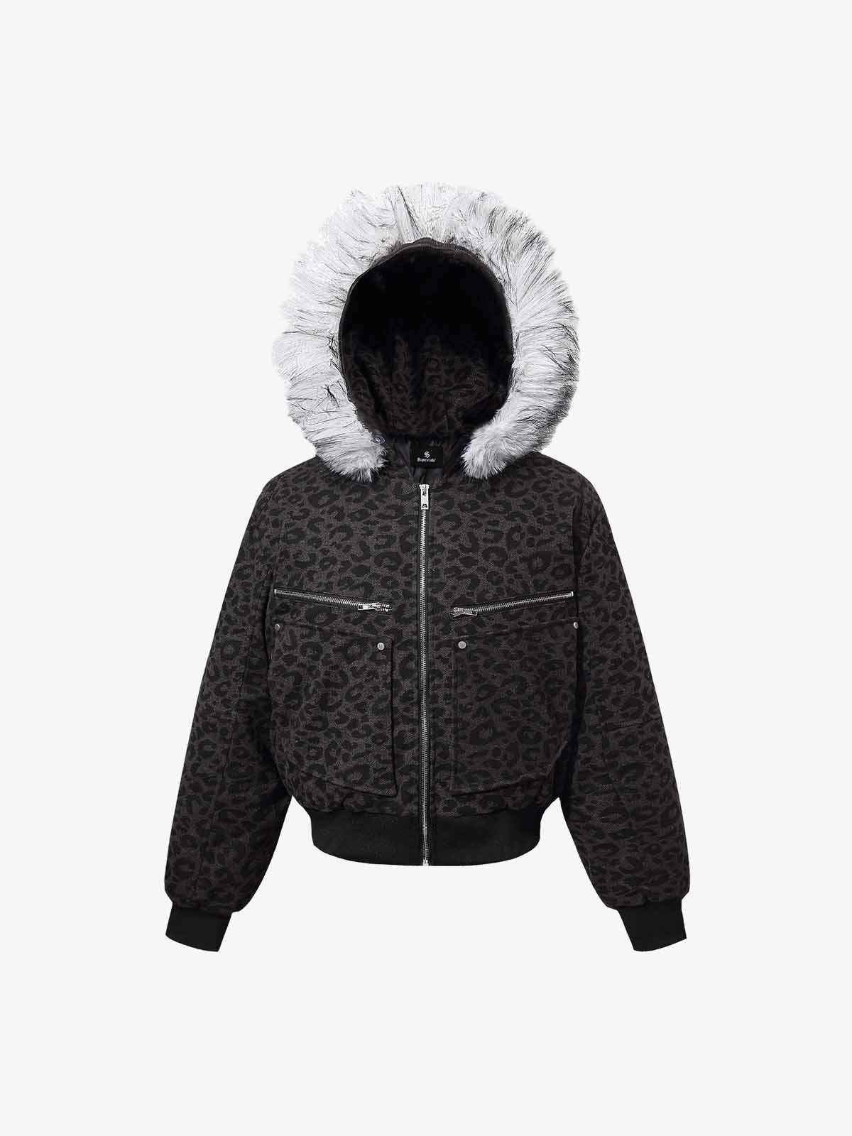 Retro Faux Fur Trimmed Hood Leopard Print Bomber Jacket