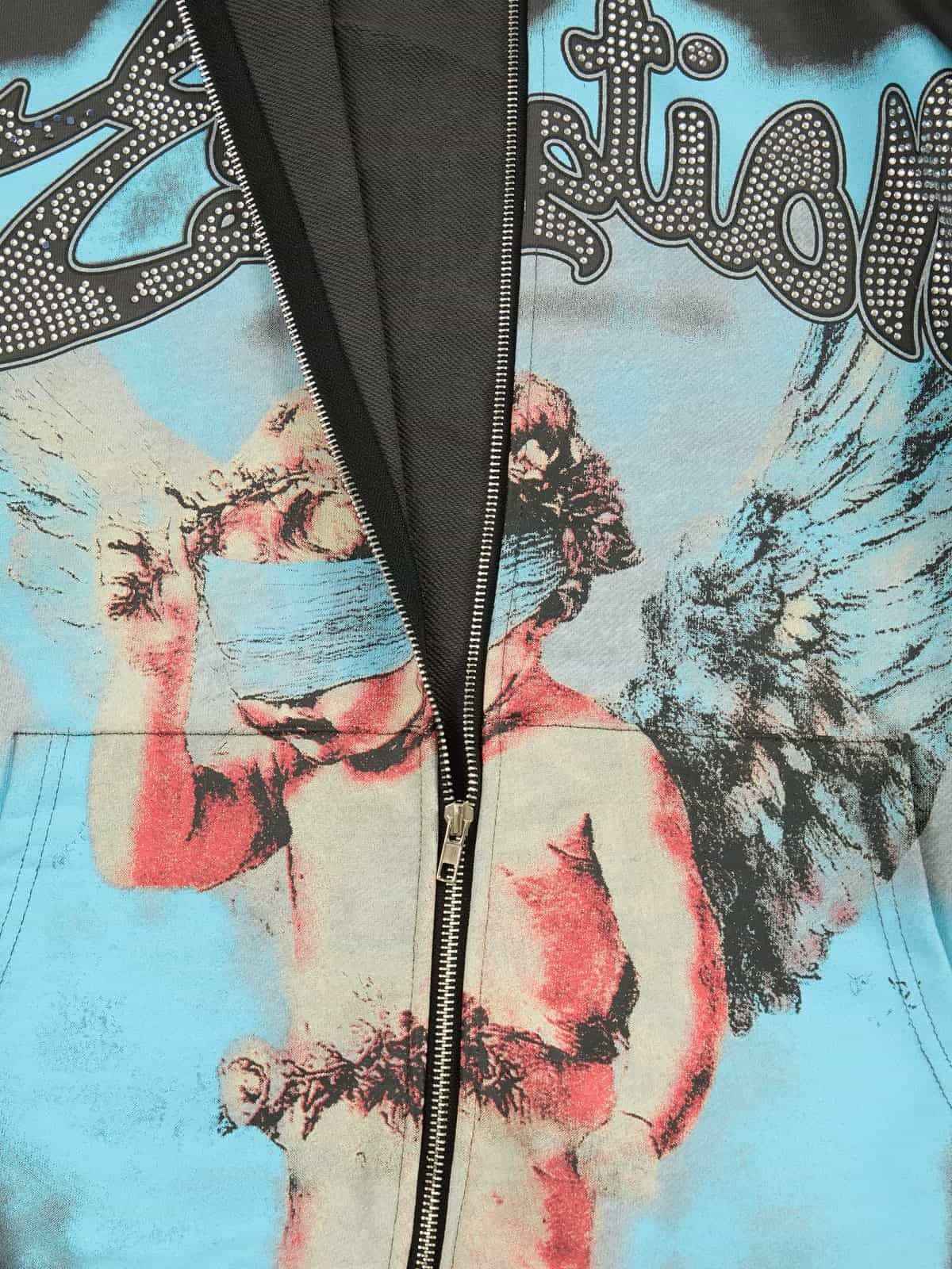 Vintage Blindfolded Angel Rhinestone Zip-Up Hoodie