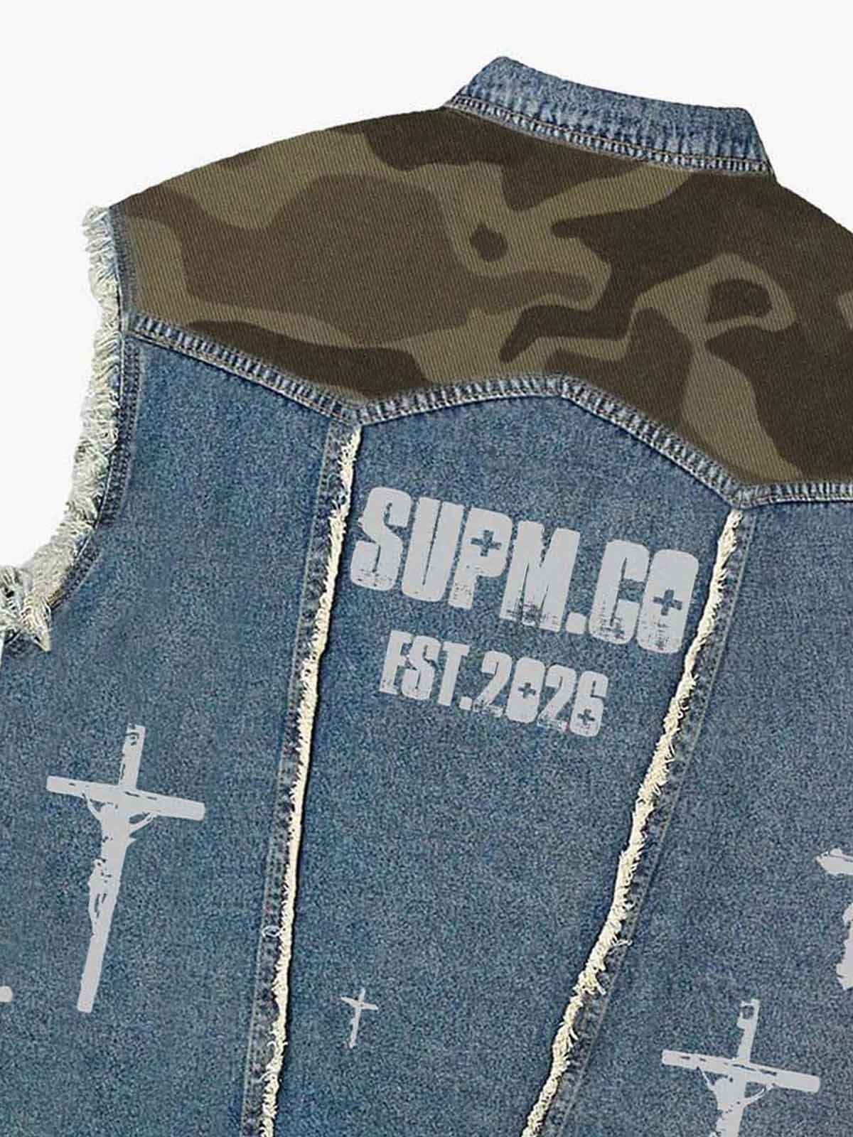 Distressed Camo Patchwork Sleeveless Denim Vest