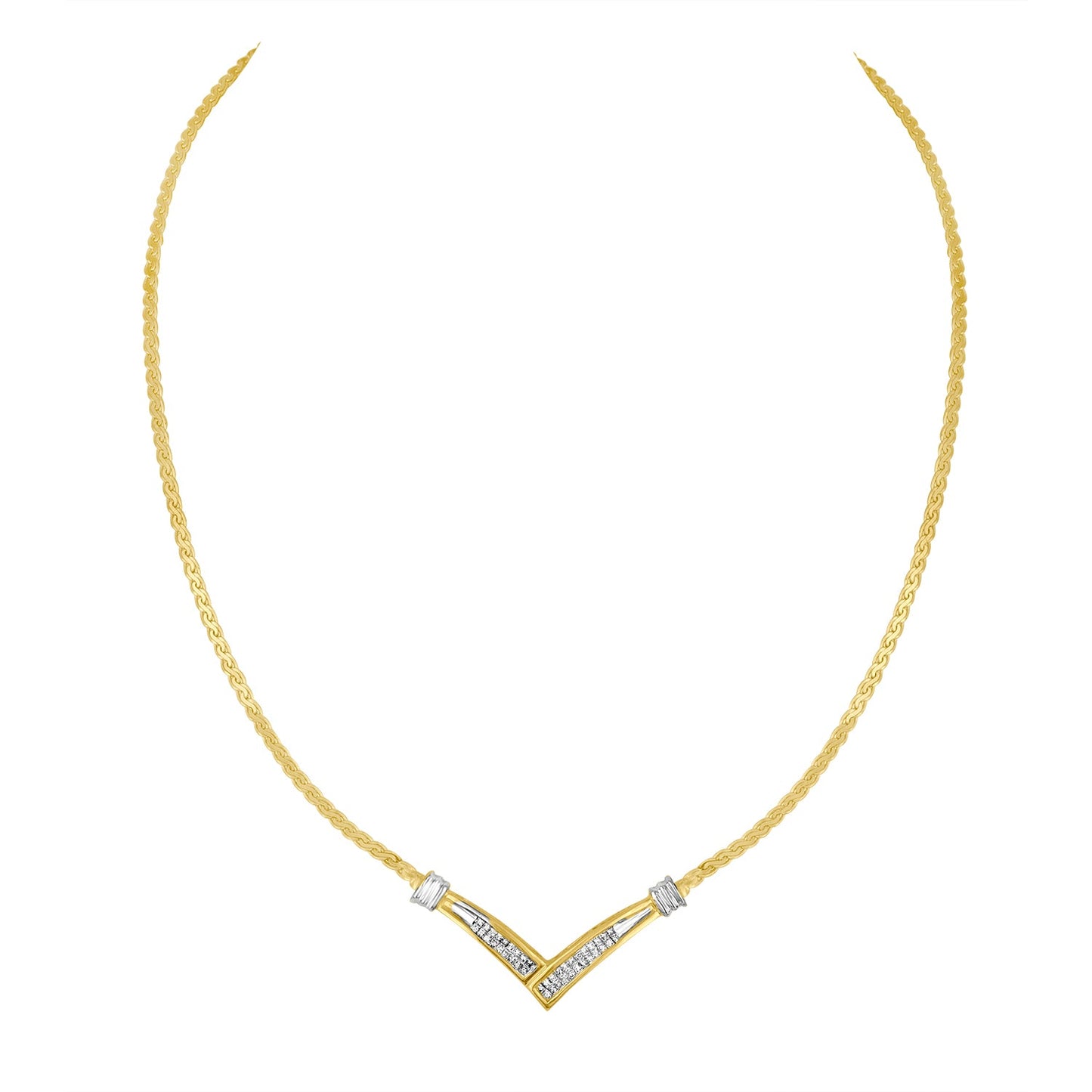 10K Yellow and White Gold 1/2 Cttw Princess Cut Diamond Channel-Set “V†Shape 18" Franco Chain Necklace (H-I Color, SI2-I1 Clarity)