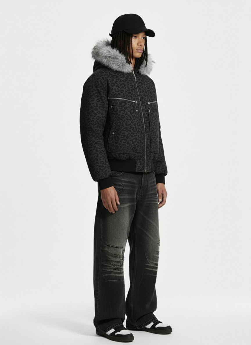 Retro Faux Fur Trimmed Hood Leopard Print Bomber Jacket - Luxuryurbanwear